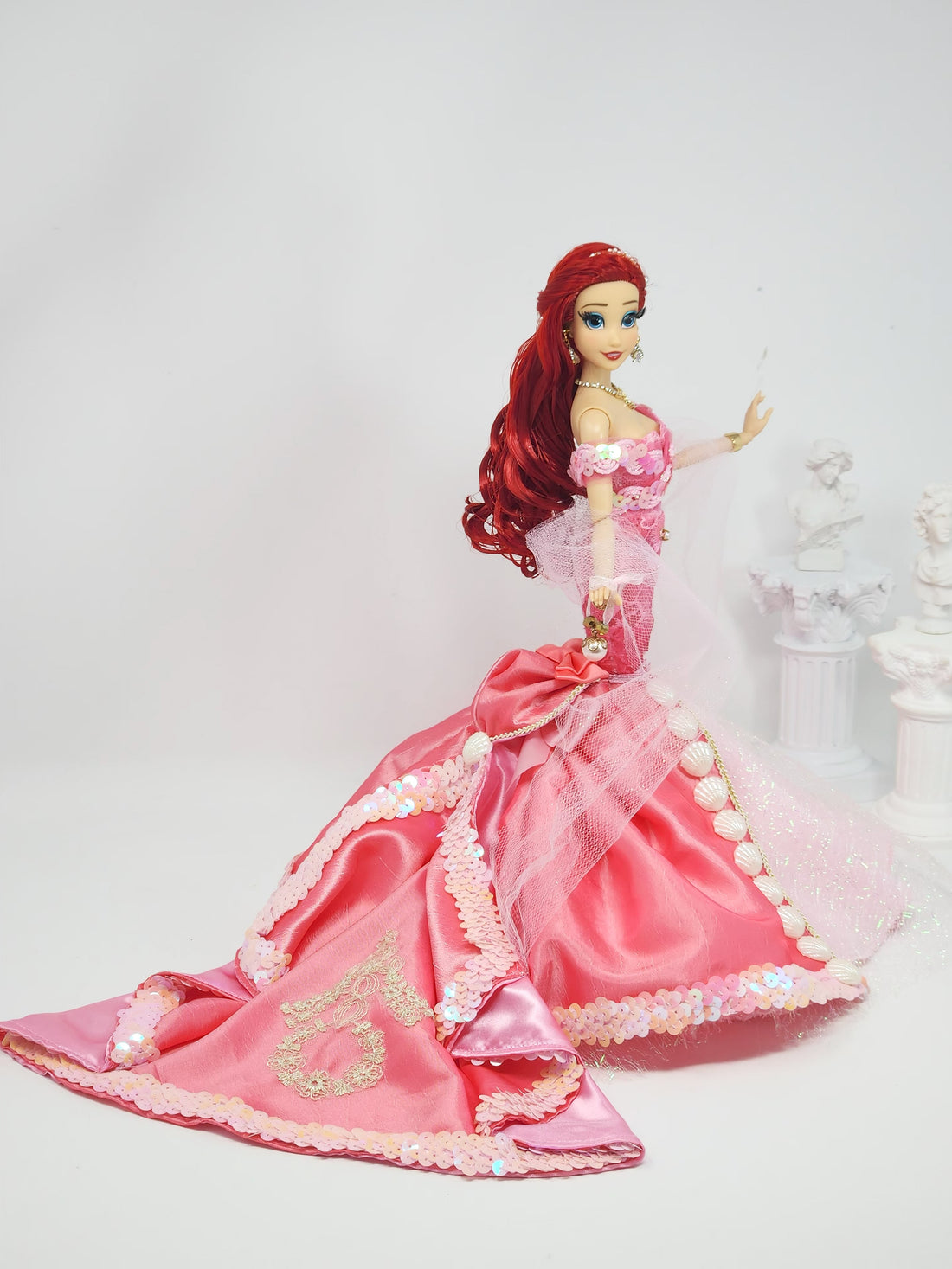 Ariel Doll, OOAK, Pink Mermaid Gown, 12" Doll, The Little Mermaid, 13-Piece Ensemble