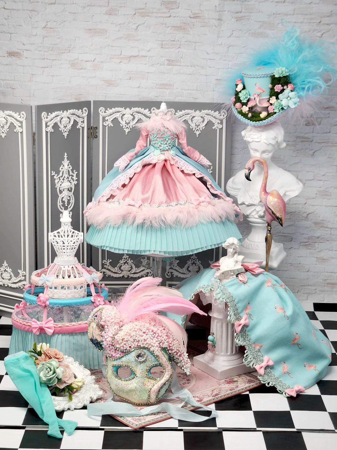 OOAK Blythe Doll Outfit: 9-Pc Rococo Marie Antoinette Flamingo Ensemble Pink and Turquoise