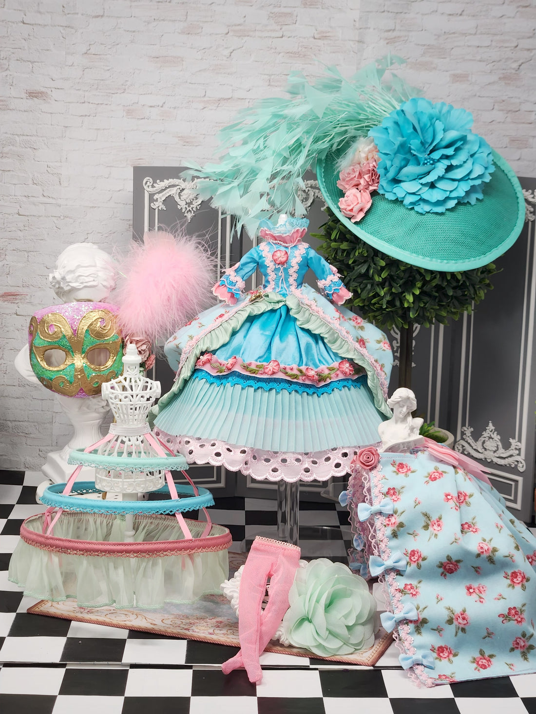 OOAK Blythe Doll Outfit: 7-Pc Rococo Marie Antoinette Floral Masquerade Ensemble Pink, Teal, and Turquoise