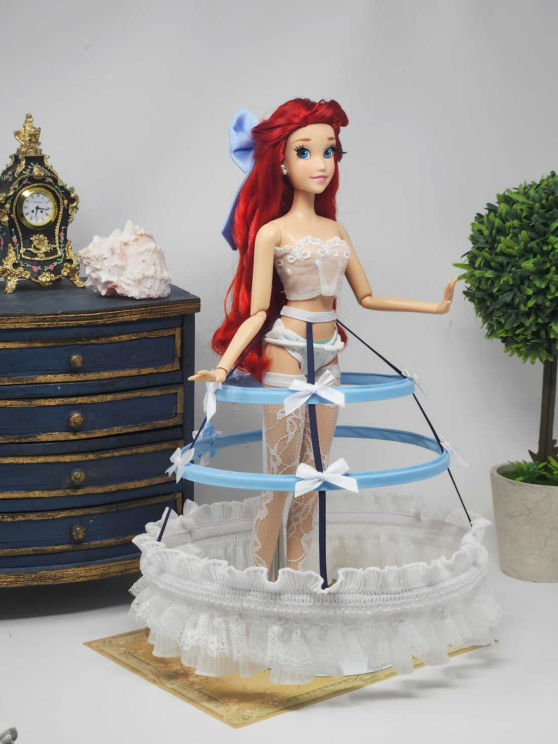 Ariel Doll, 17", OOAK, 1830's Fashion, 13-Piece Ensemble, Princess, Pearls, Reticule