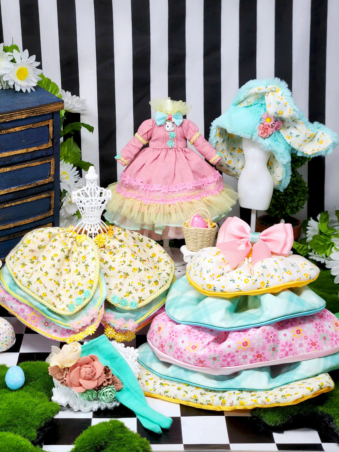 Blythe Outfit, Easter À la Mode, OOAK, 8-Piece Ensemble, Whimsical with Bunny Hat