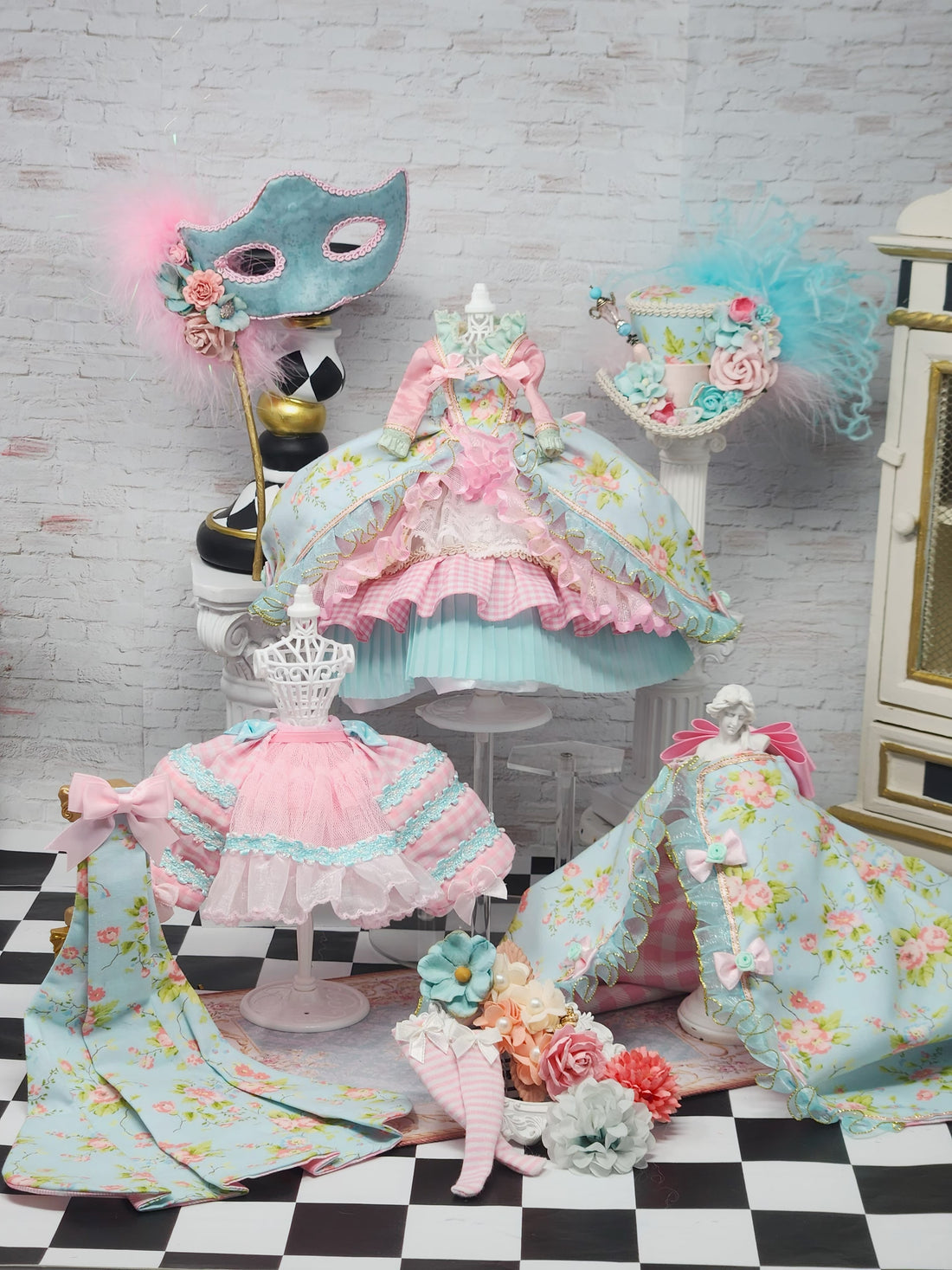 Blythe Outfit, Marie Antoinette in Pink & Turquoise, OOAK, 10-Piece Ensemble