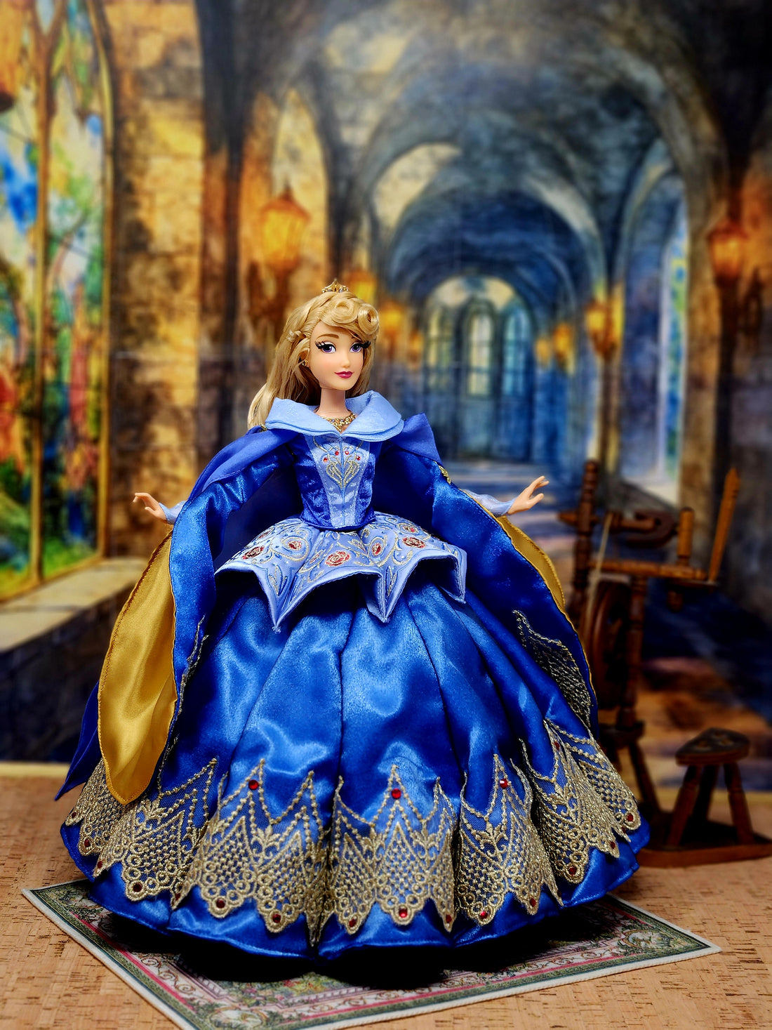 Aurora Doll, OOAK, Sleeping Beauty, 15-Piece Ensemble, 12" Classic Princess, Blue, Gold, 14th Century Gown, Medieval, Bespoke