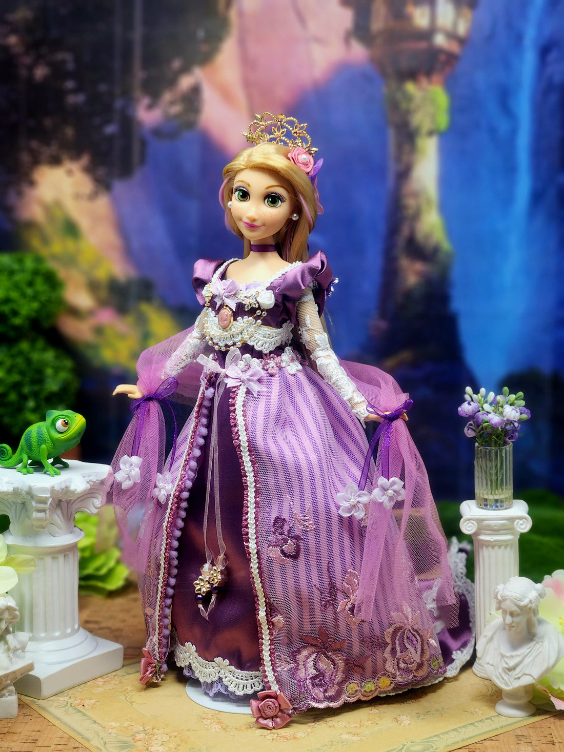Rapunzel Doll, OOAK, Tangled, Regency Style, Pink & Purple, 15-Piece Ensemble