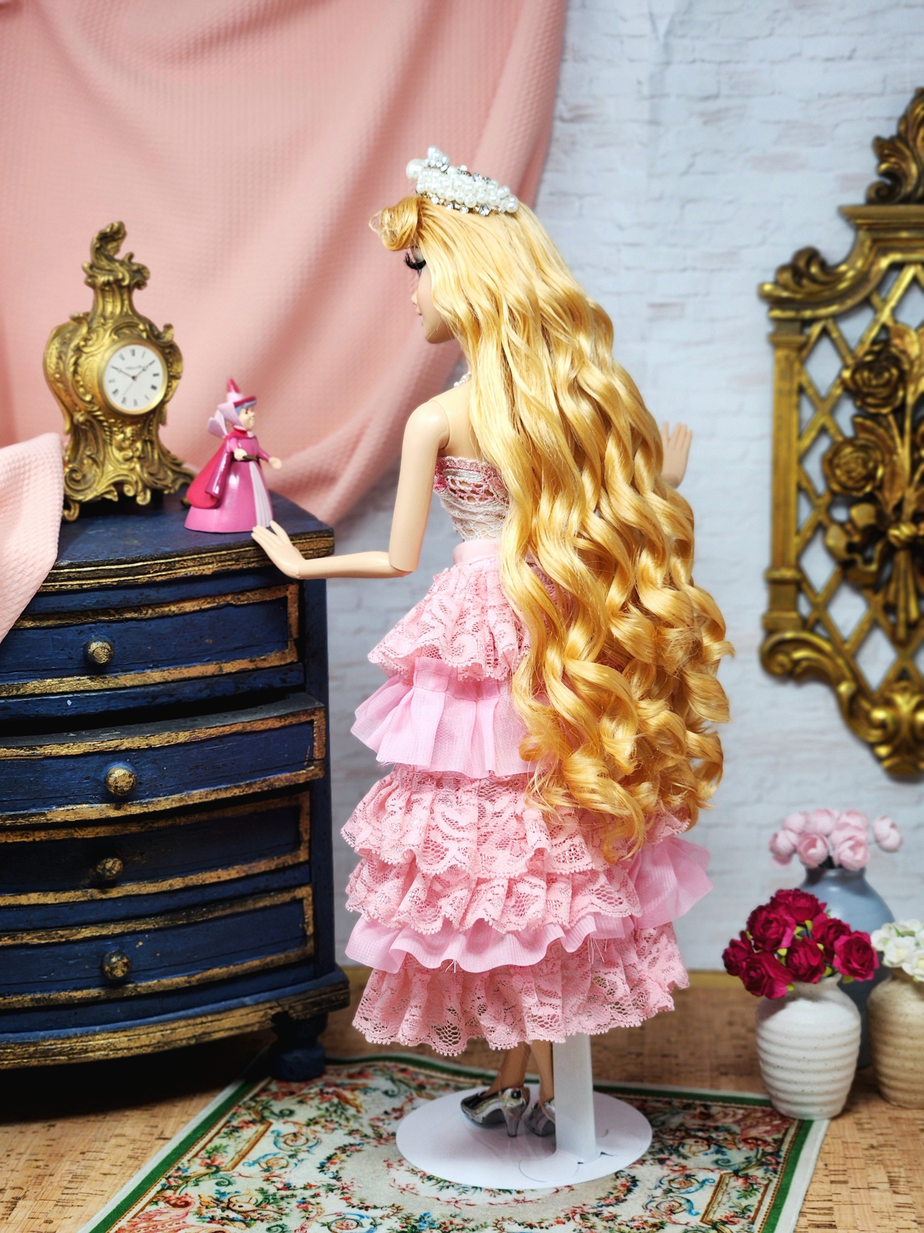 Aurora Doll, Sleeping Beauty, OOAK, 17", 15-Piece Ensemble, Princess, 14th Century Gown, Tiara, Girdles, Bespoke