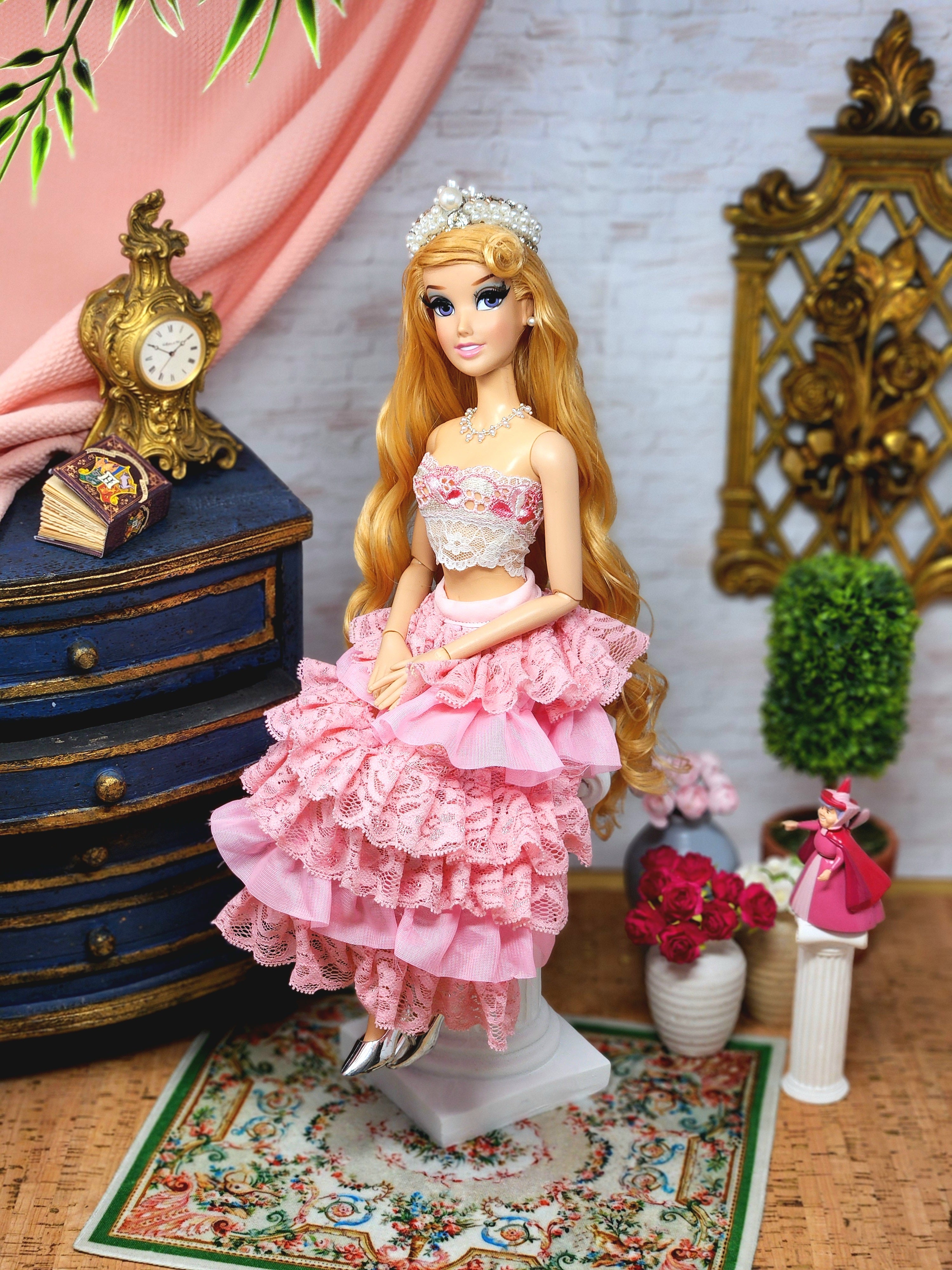 Aurora Doll, Sleeping Beauty, OOAK, 17", 15-Piece Ensemble, Princess, 14th Century Gown, Tiara, Girdles, Bespoke