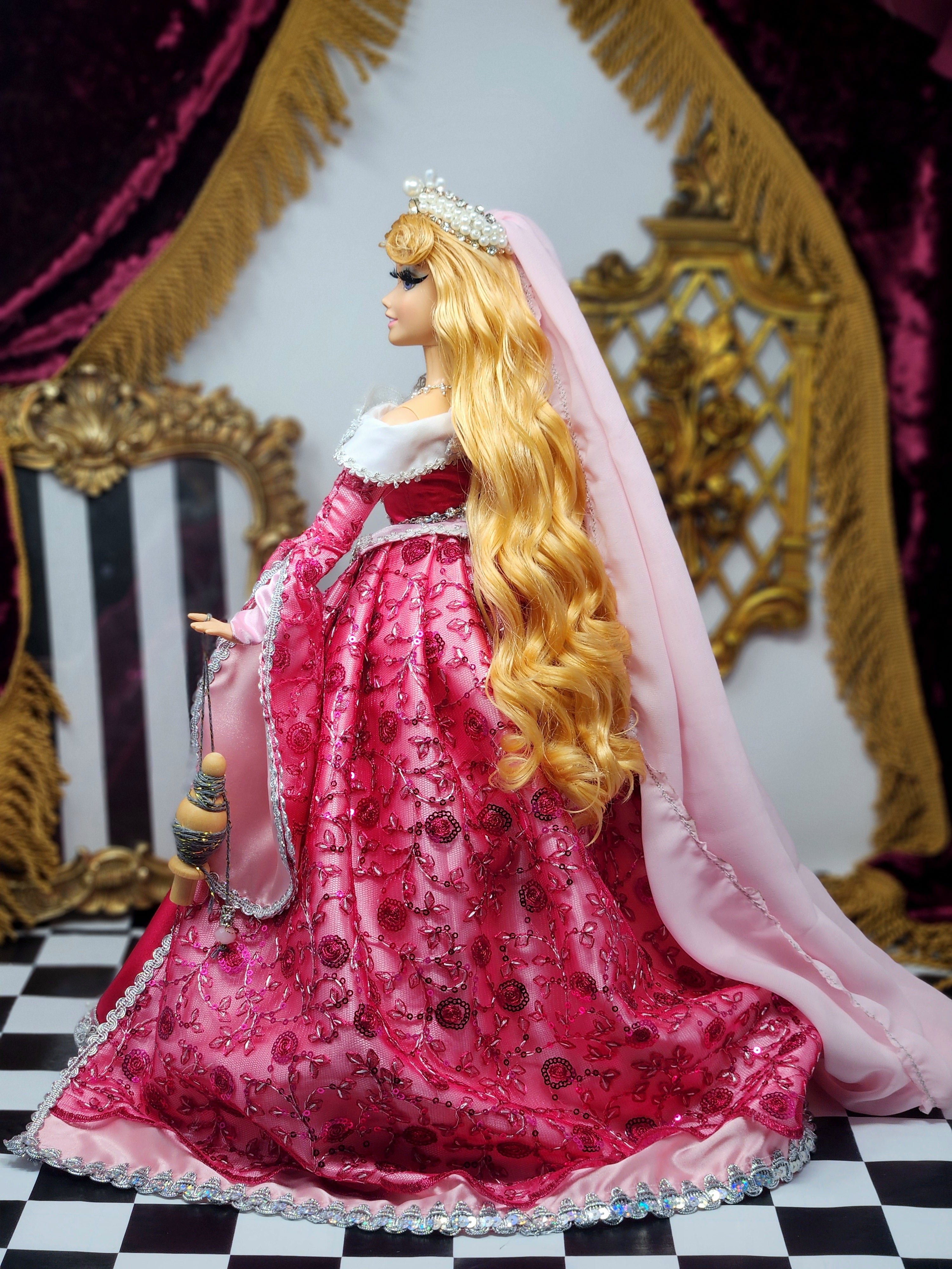 Aurora Doll, Sleeping Beauty, OOAK, 17", 15-Piece Ensemble, Princess, 14th Century Gown, Tiara, Girdles, Bespoke
