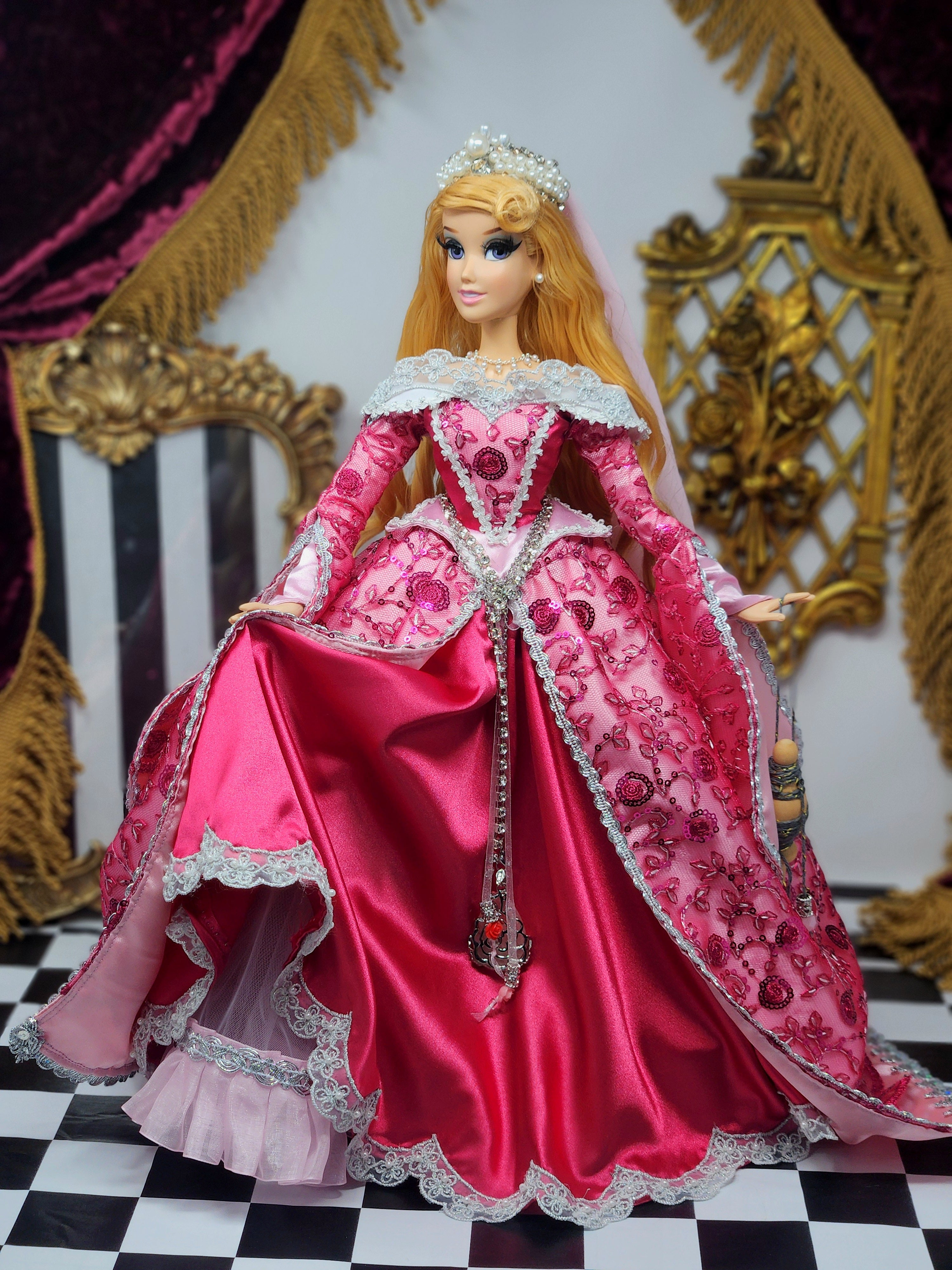 Aurora Doll, Sleeping Beauty, OOAK, 17", 15-Piece Ensemble, Princess, 14th Century Gown, Tiara, Girdles, Bespoke
