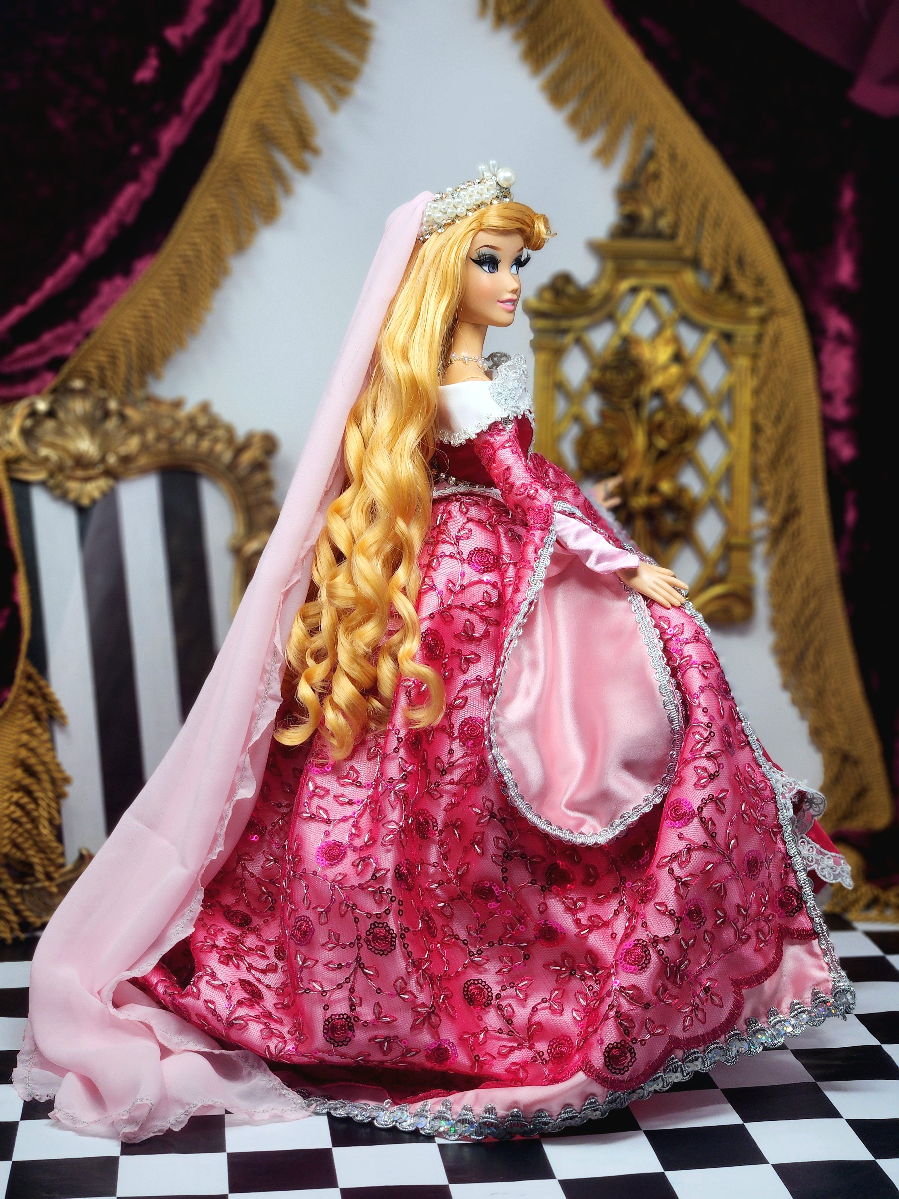 Aurora Doll, Sleeping Beauty, OOAK, 17", 15-Piece Ensemble, Princess, 14th Century Gown, Tiara, Girdles, Bespoke