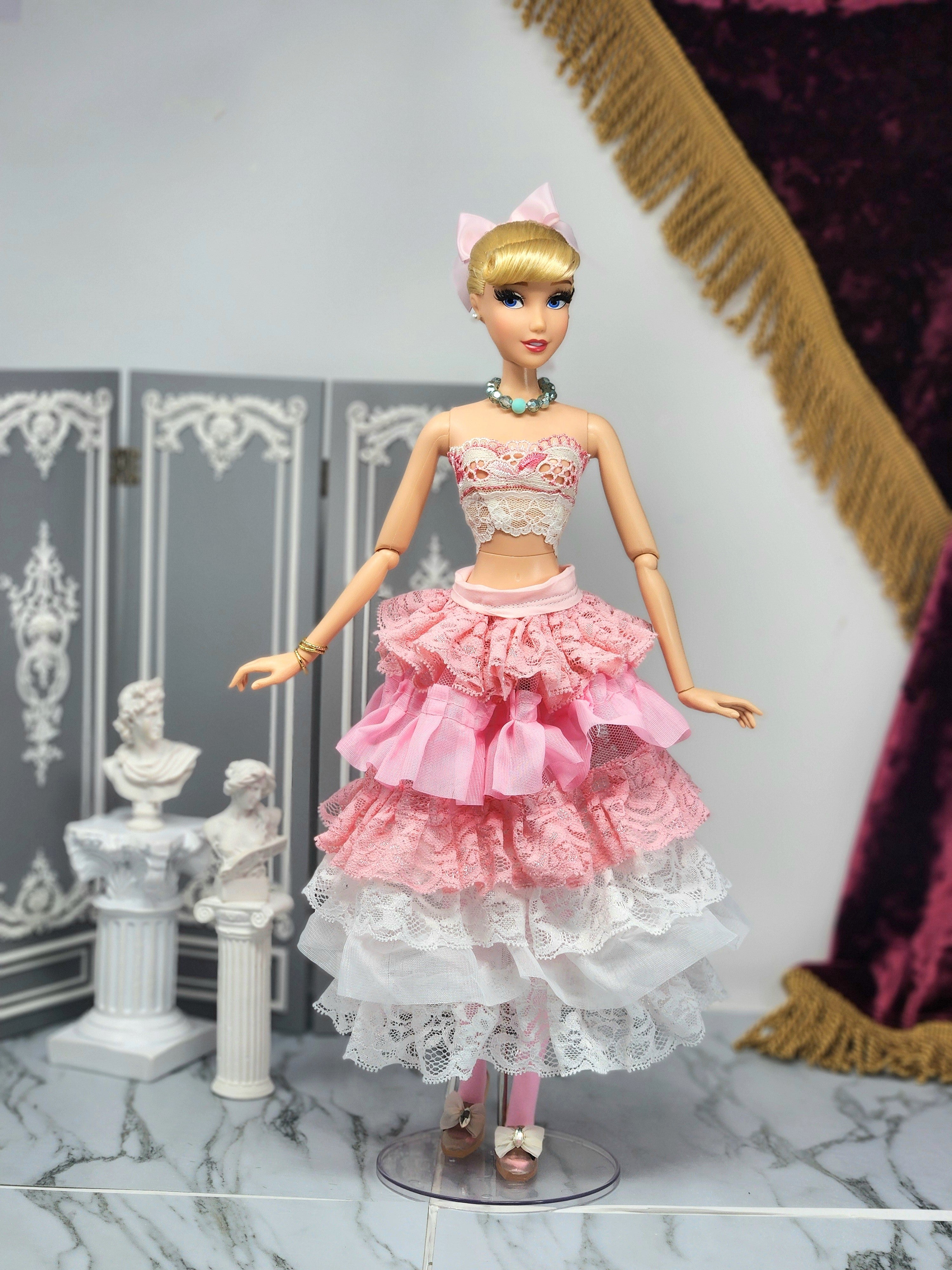 Cinderella Doll, OOAK, 17 in, Pink Gown, 15-Piece Ensemble, Rhinestones, Bespoke