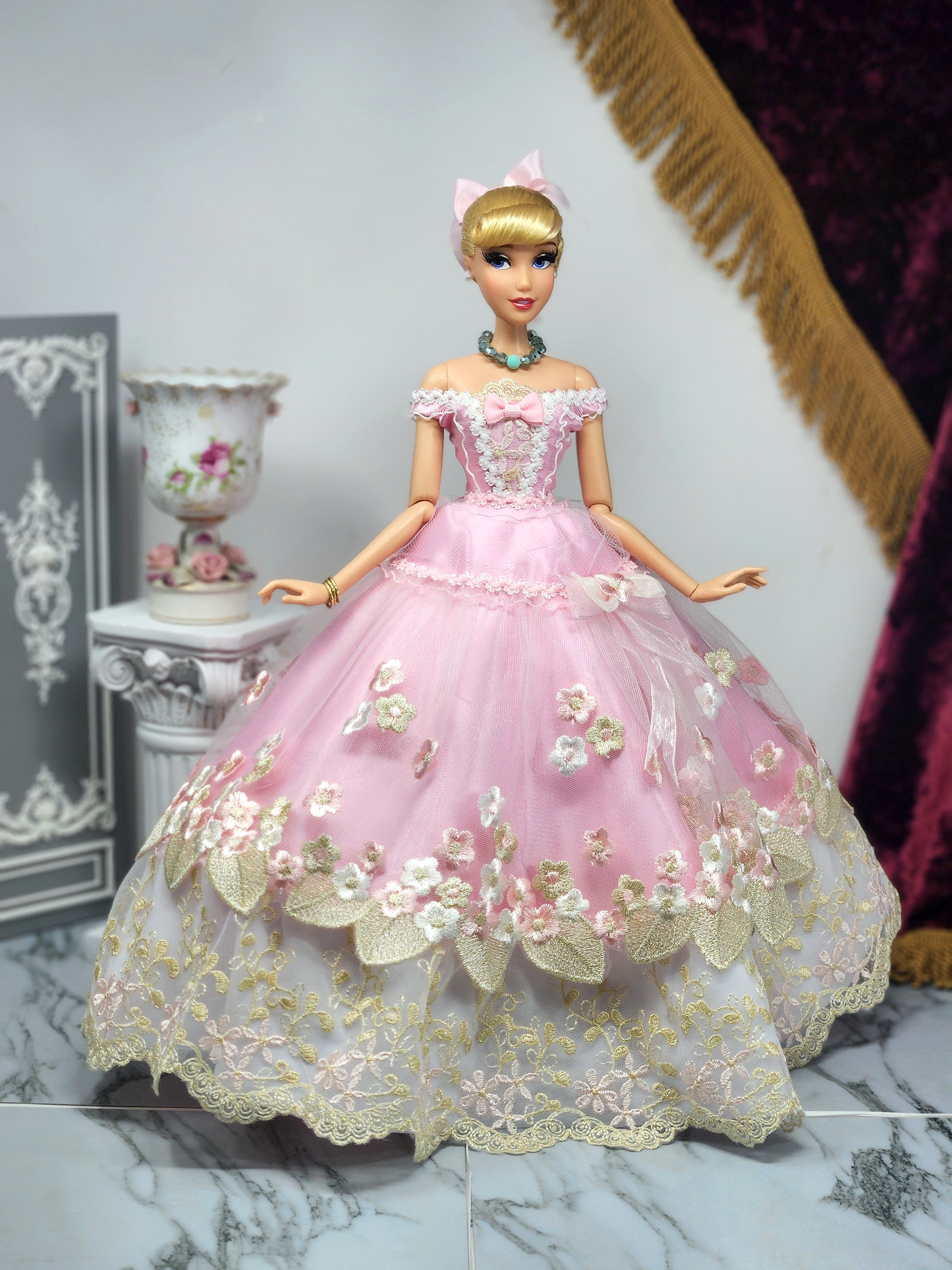 Cinderella Doll, OOAK, 17 in, Pink Gown, 15-Piece Ensemble, Rhinestones, Bespoke