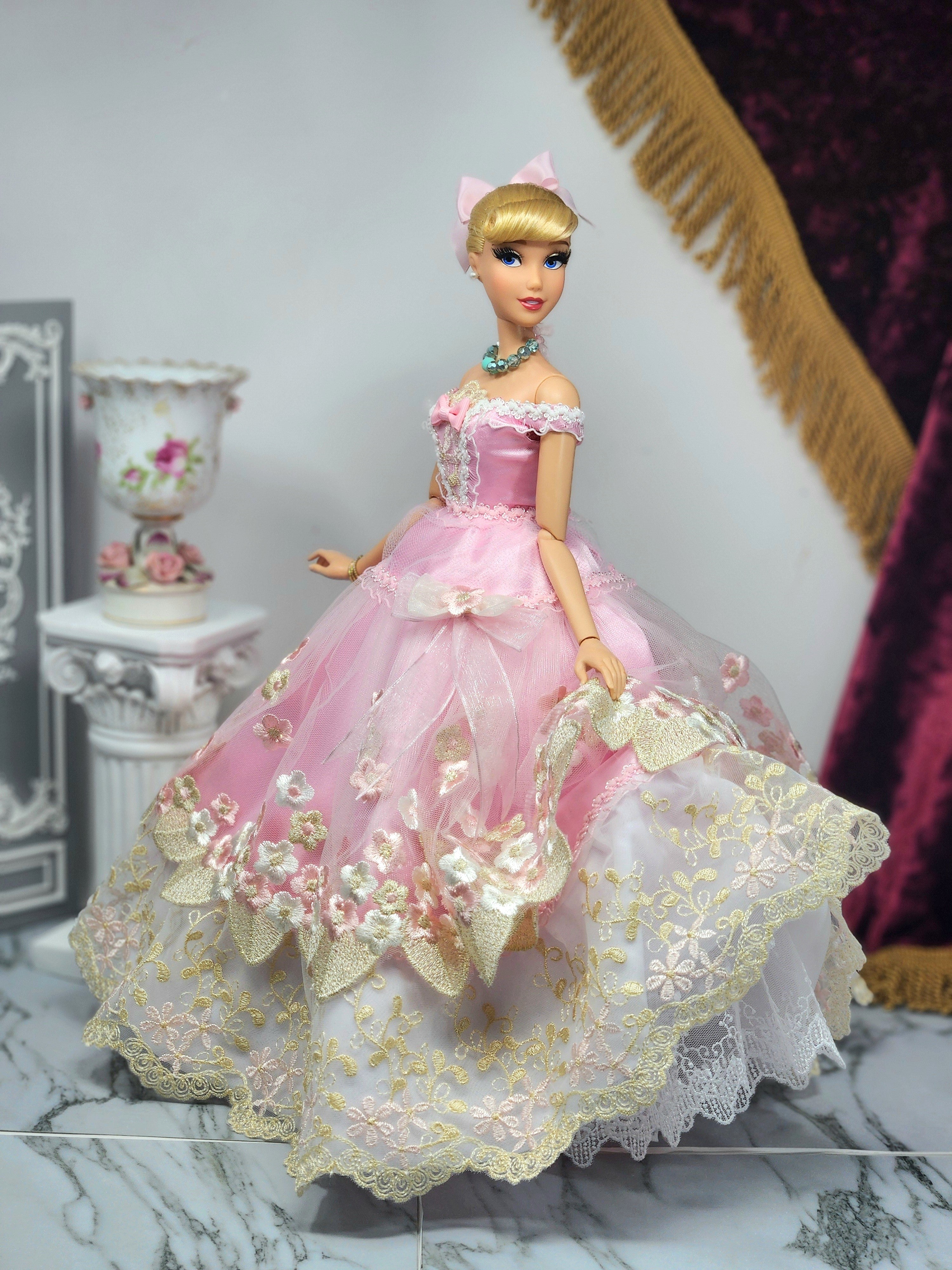 Cinderella Doll, OOAK, 17 in, Pink Gown, 15-Piece Ensemble, Rhinestones, Bespoke