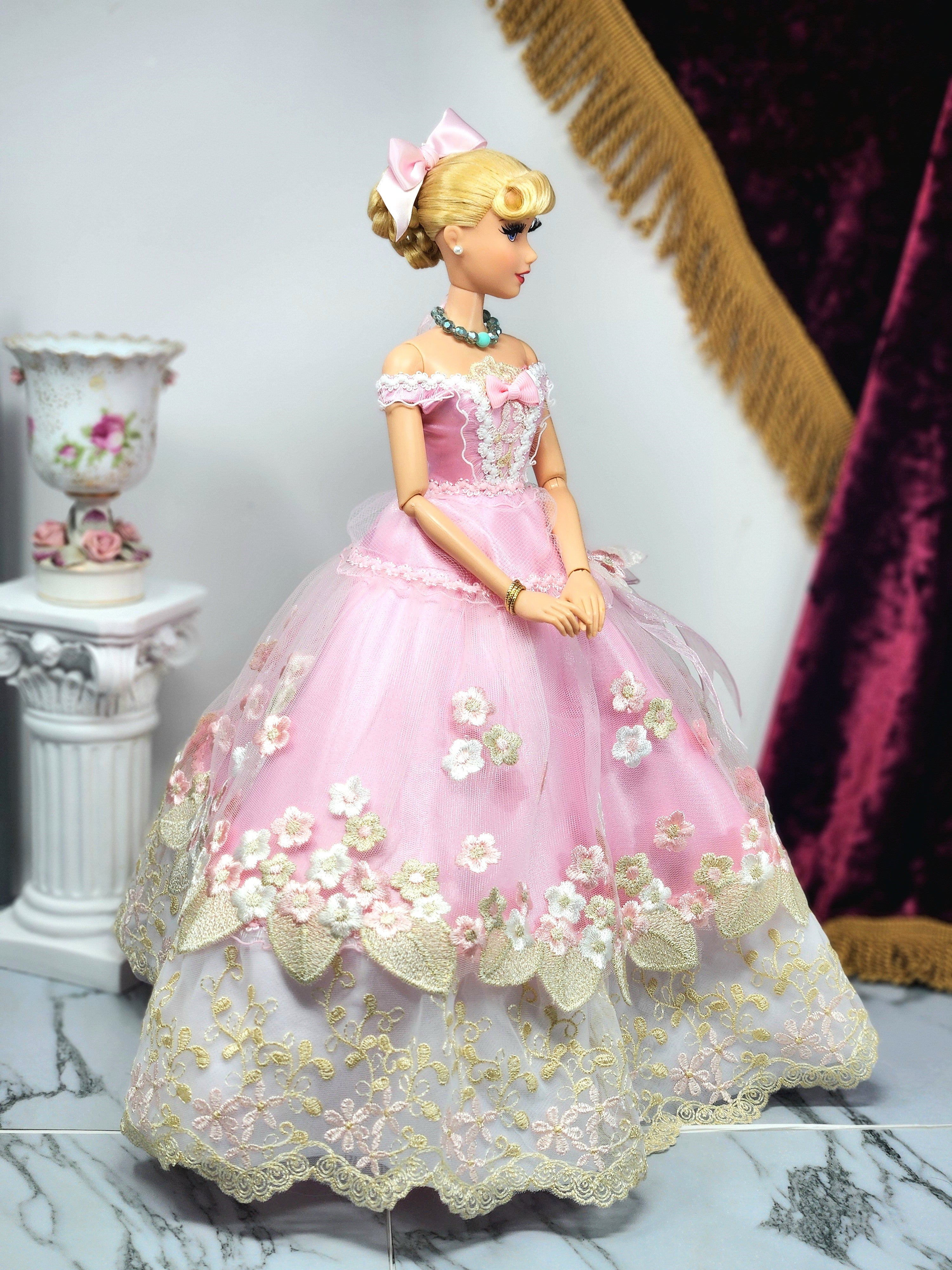 Cinderella Doll, OOAK, 17 in, Pink Gown, 15-Piece Ensemble, Rhinestones, Bespoke