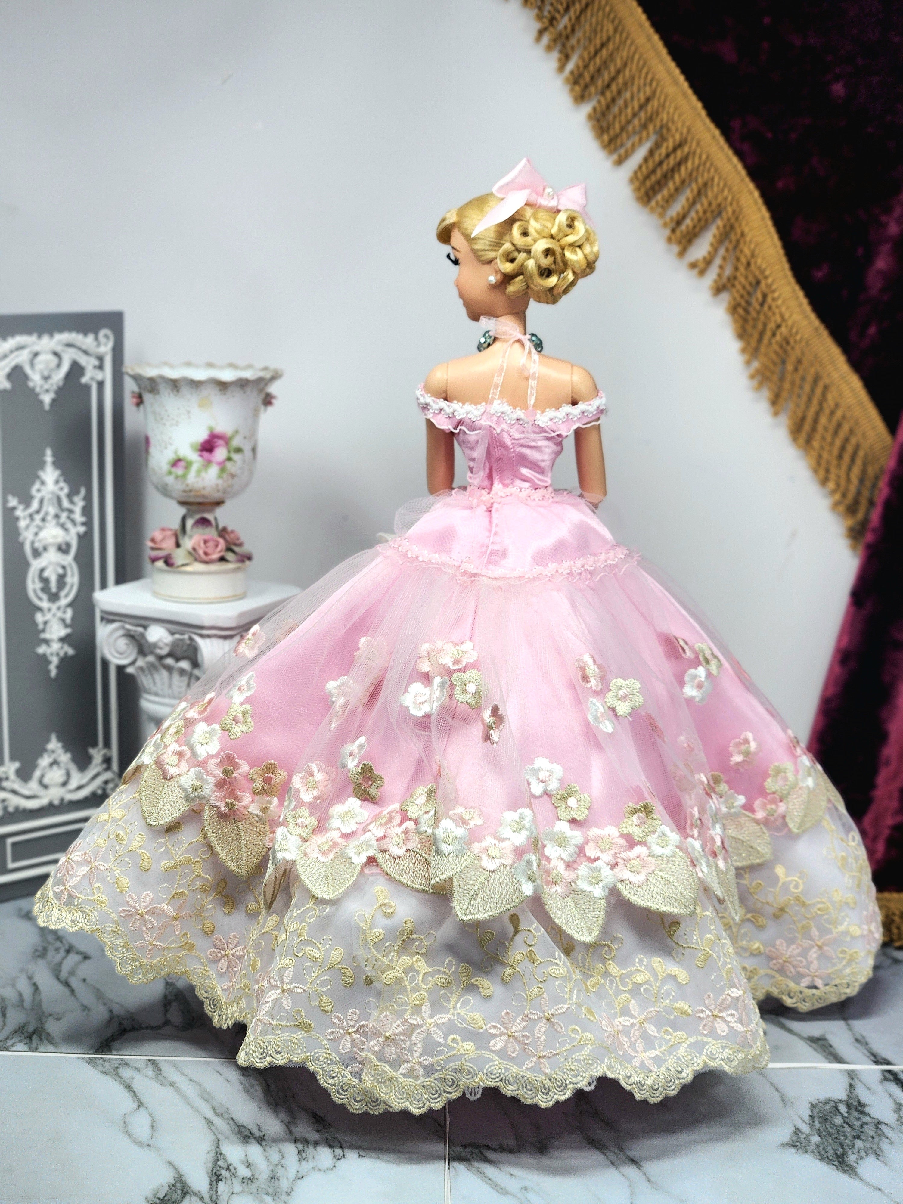 Cinderella Doll, OOAK, 17 in, Pink Gown, 15-Piece Ensemble, Rhinestones, Bespoke