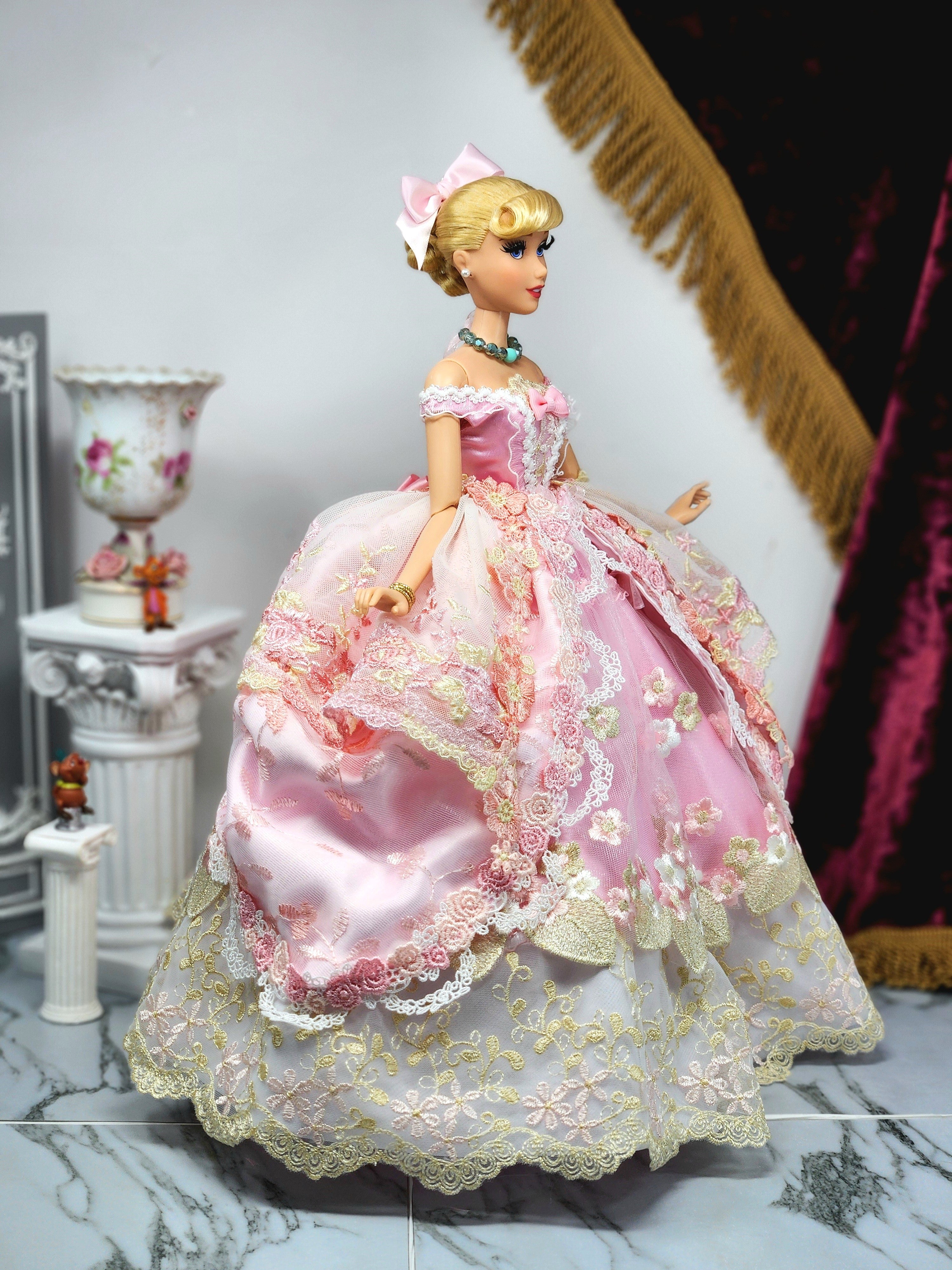 Cinderella Doll, OOAK, 17 in, Pink Gown, 15-Piece Ensemble, Rhinestones, Bespoke