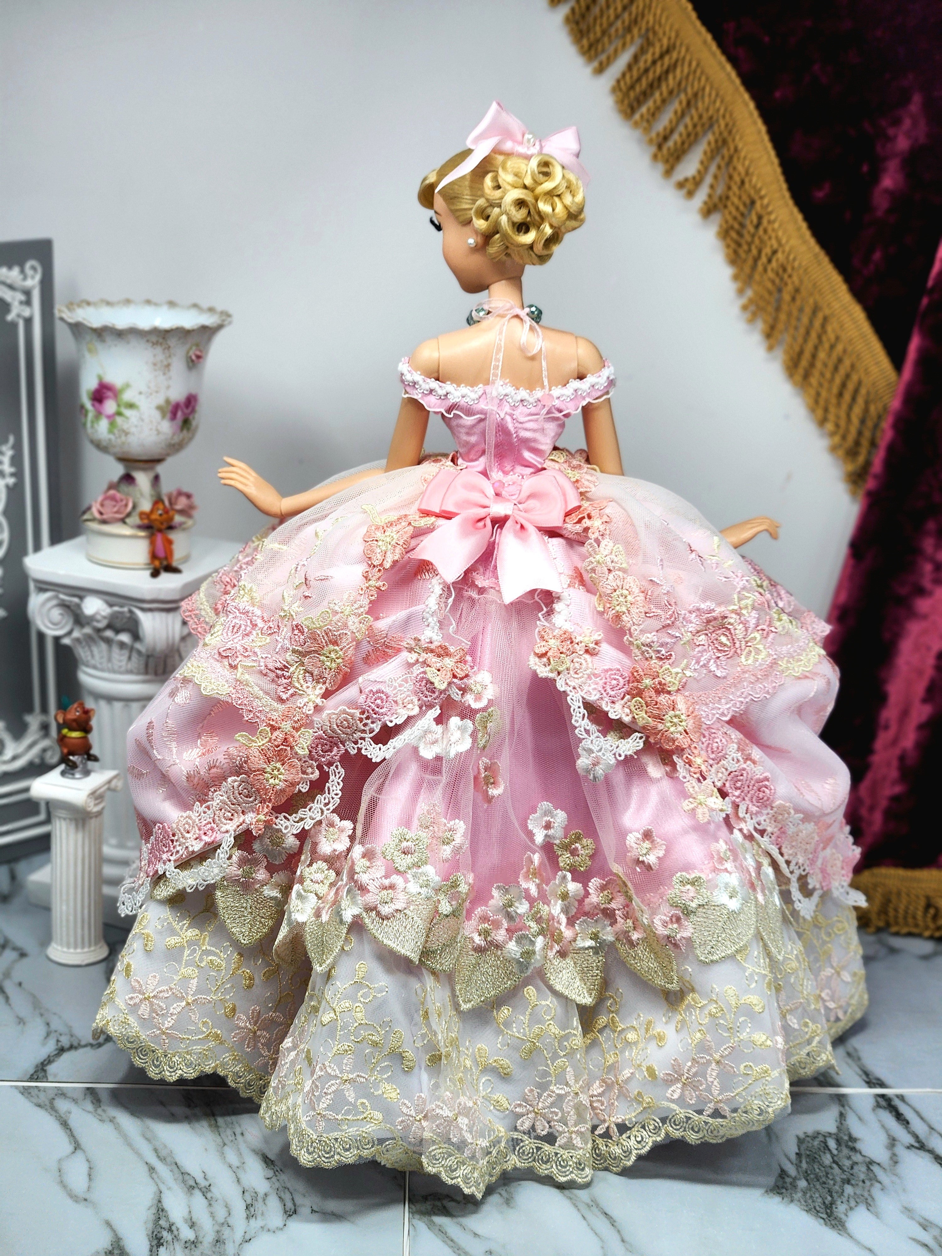 Cinderella Doll, OOAK, 17 in, Pink Gown, 15-Piece Ensemble, Rhinestones, Bespoke