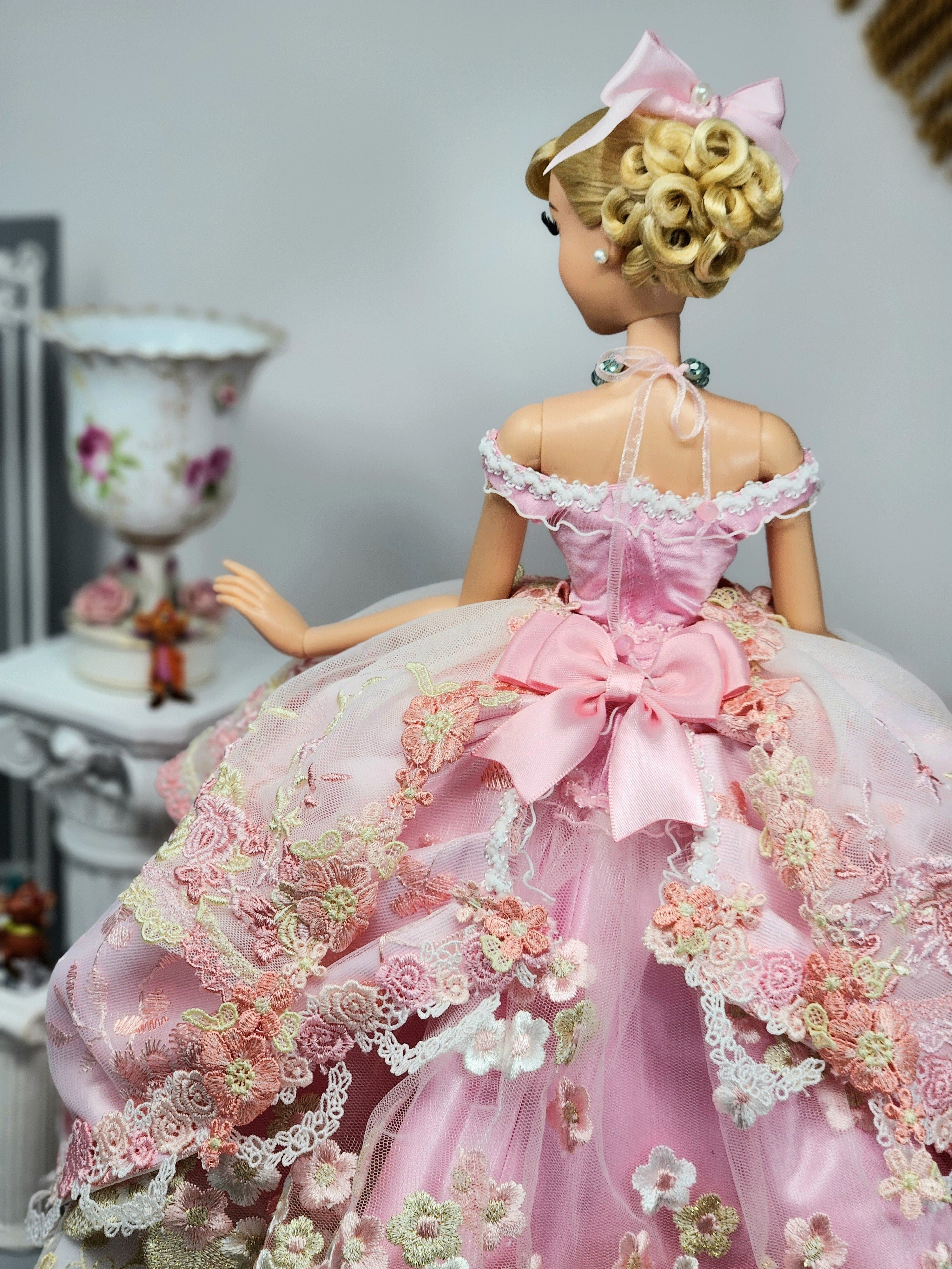 Cinderella Doll, OOAK, 17 in, Pink Gown, 15-Piece Ensemble, Rhinestones, Bespoke