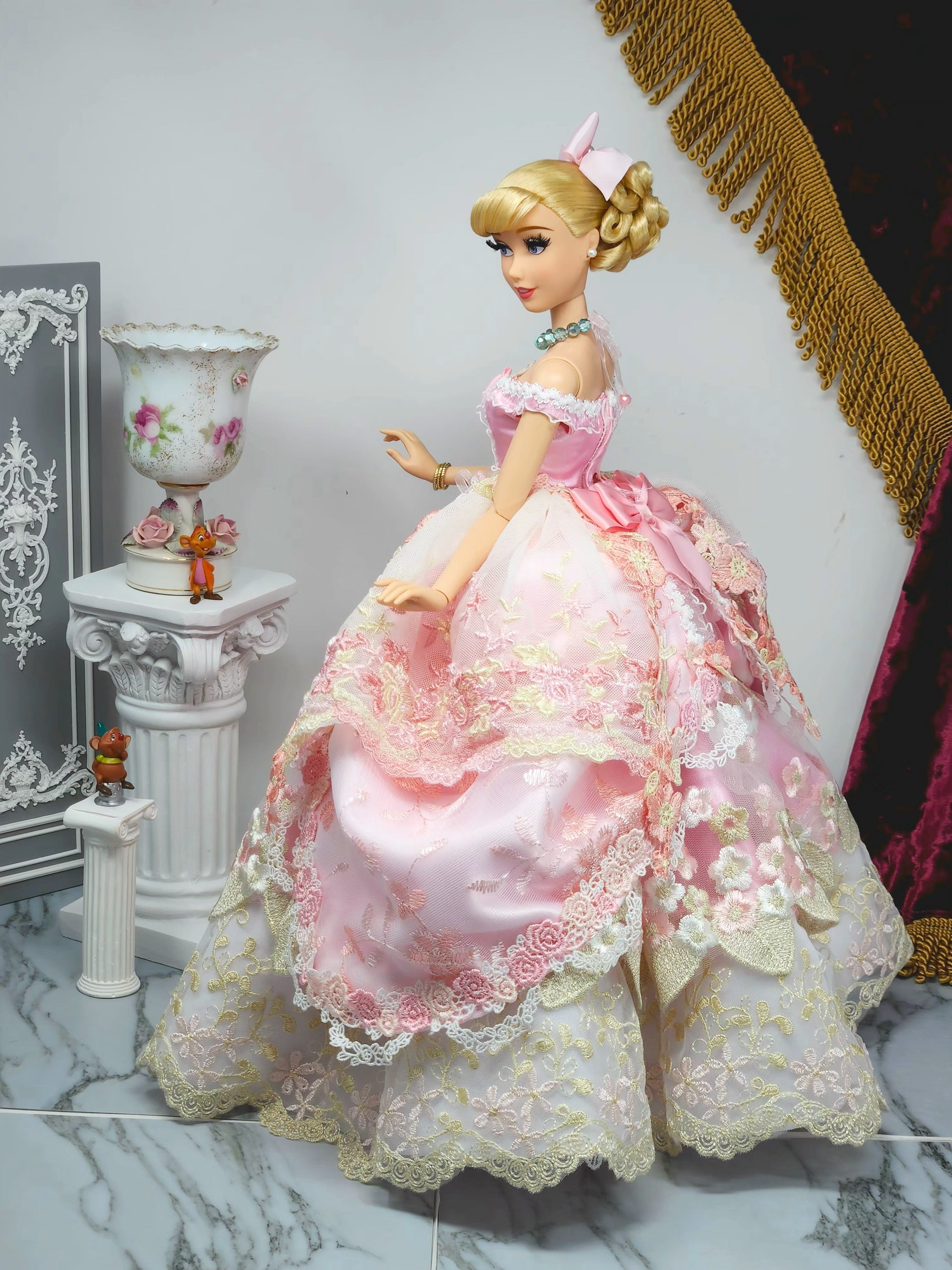 Cinderella Doll, OOAK, 17 in, Pink Gown, 15-Piece Ensemble, Rhinestones, Bespoke