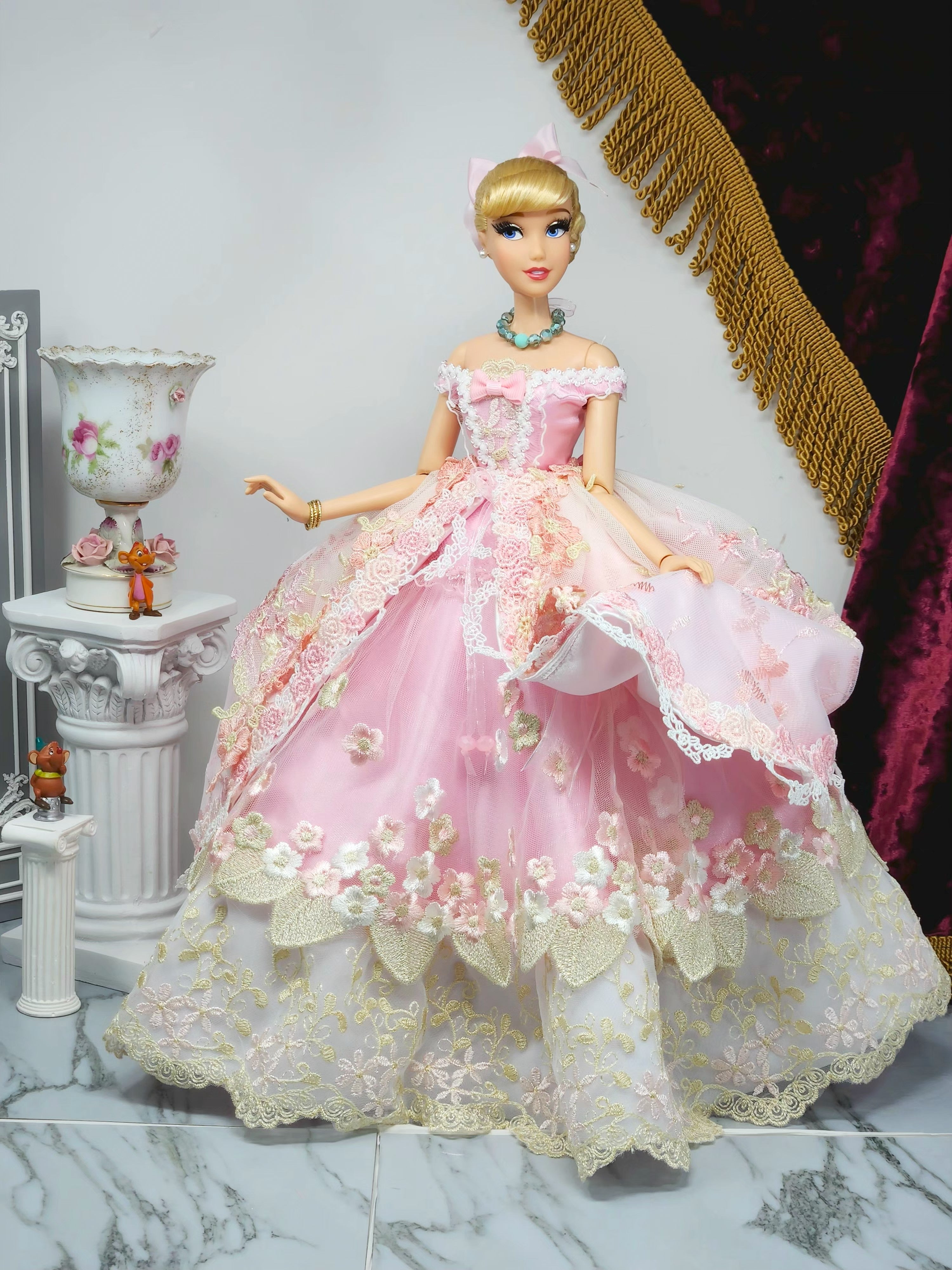 Cinderella Doll, OOAK, 17 in, Pink Gown, 15-Piece Ensemble, Rhinestones, Bespoke