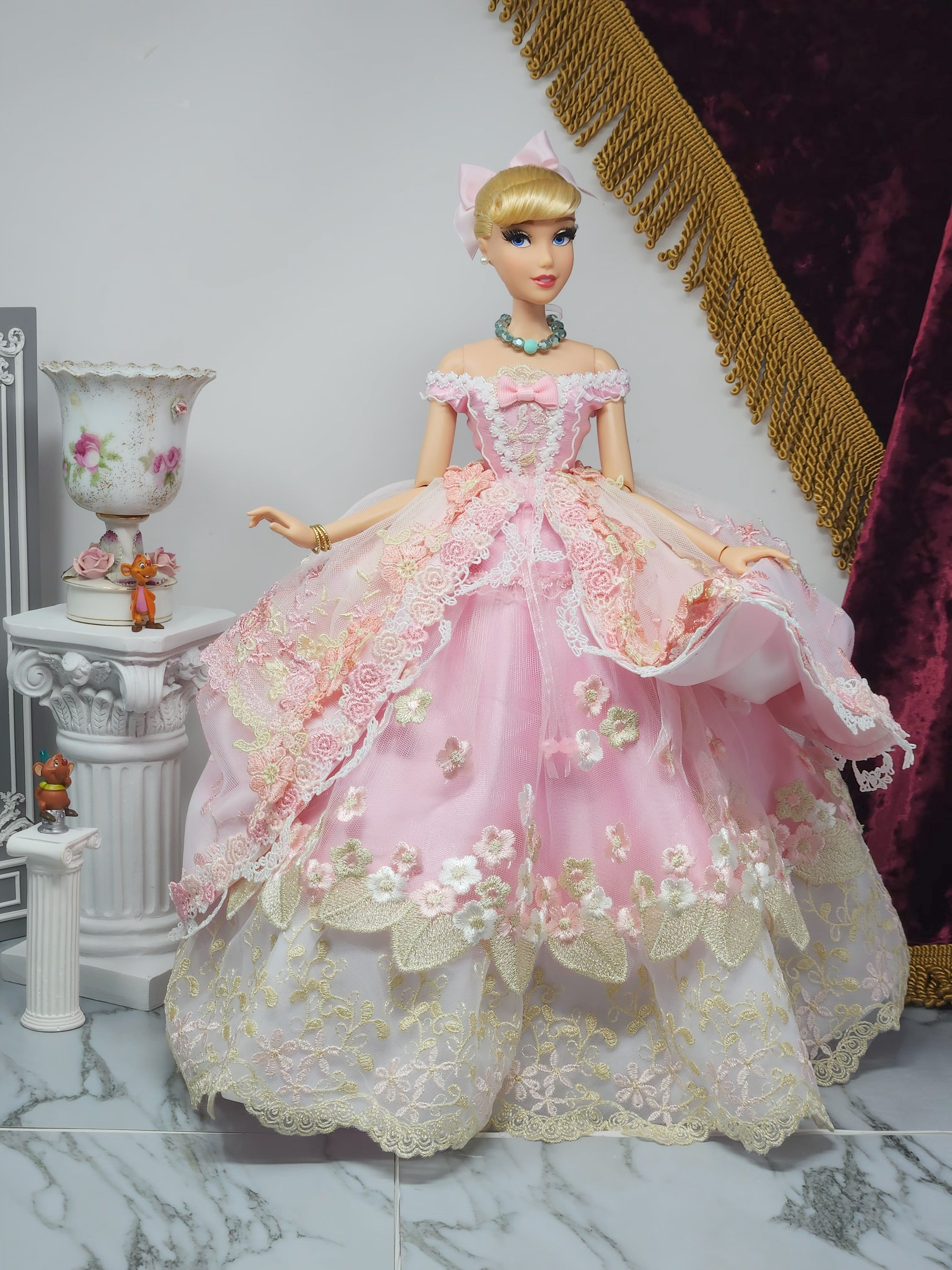 Cinderella Doll, OOAK, 17 in, Pink Gown, 15-Piece Ensemble, Rhinestones, Bespoke