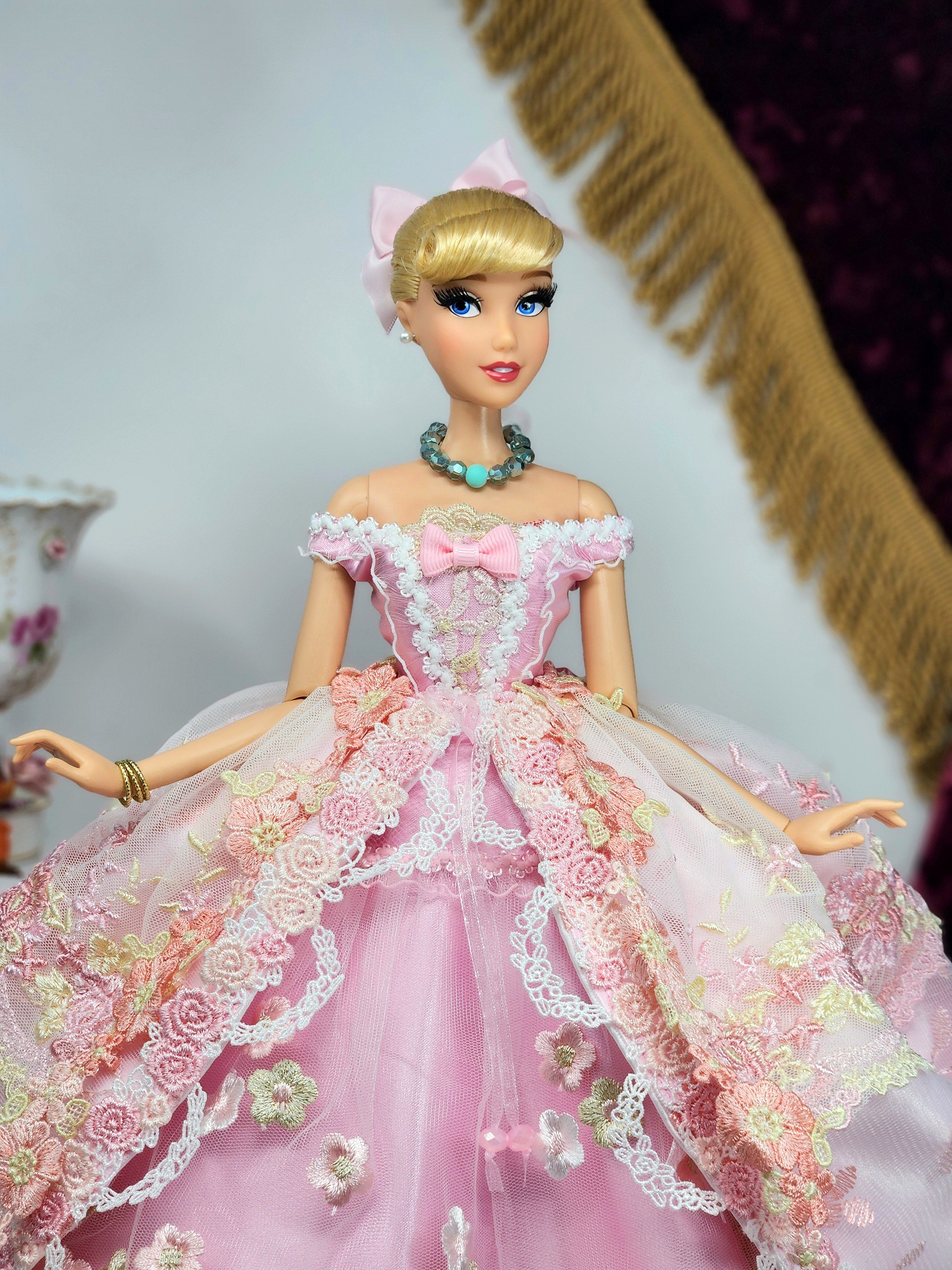Cinderella Doll, OOAK, 17 in, Pink Gown, 15-Piece Ensemble, Rhinestones, Bespoke