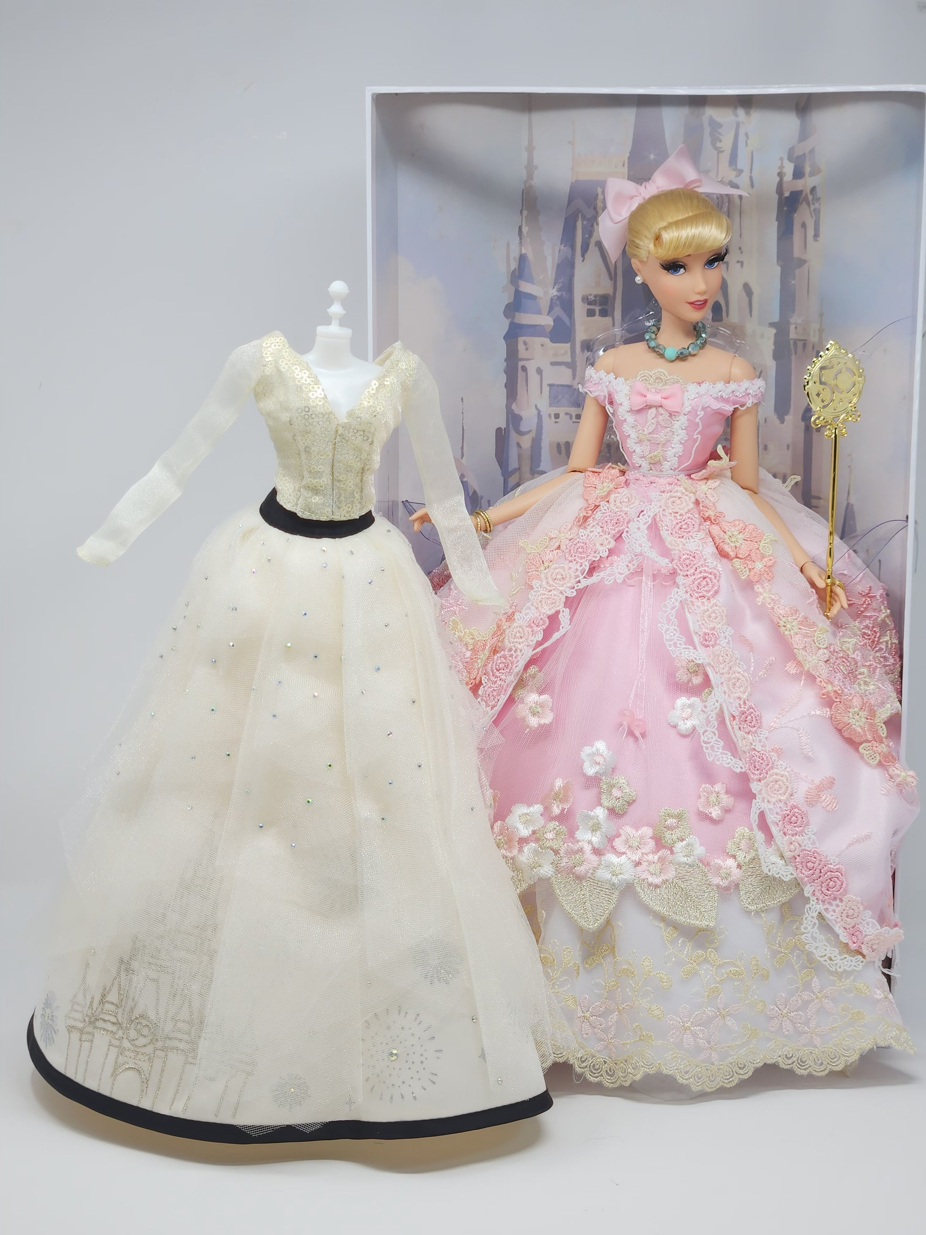 Cinderella Doll, OOAK, 17 in, Pink Gown, 15-Piece Ensemble, Rhinestones, Bespoke