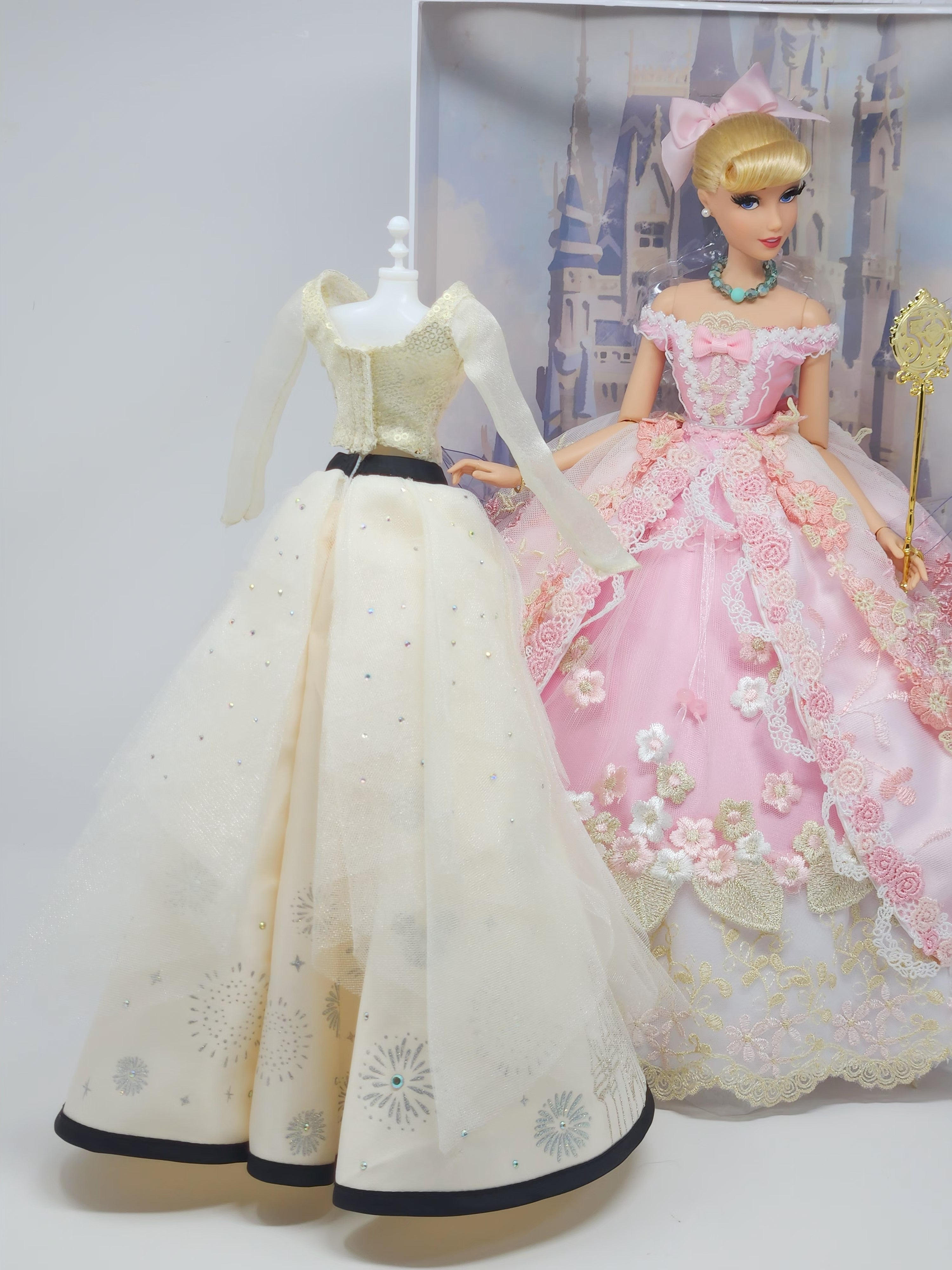 Cinderella Doll, OOAK, 17 in, Pink Gown, 15-Piece Ensemble, Rhinestones, Bespoke
