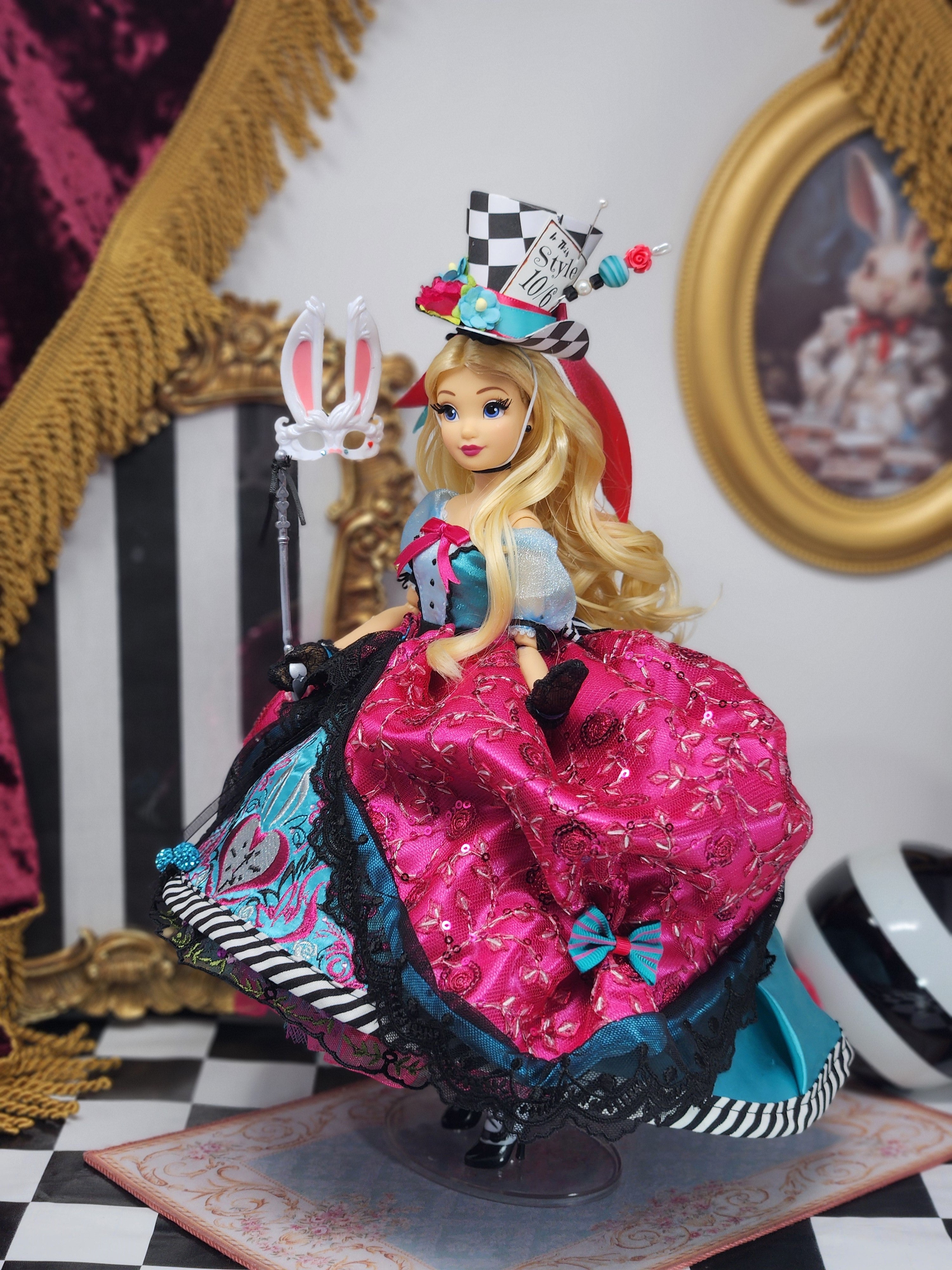 Alice in Wonderland Doll, OOAK, Midnight Masquerade, 12", 17-Piece Ensemble, Marie Antoinette inspired, Remake, Bespoke