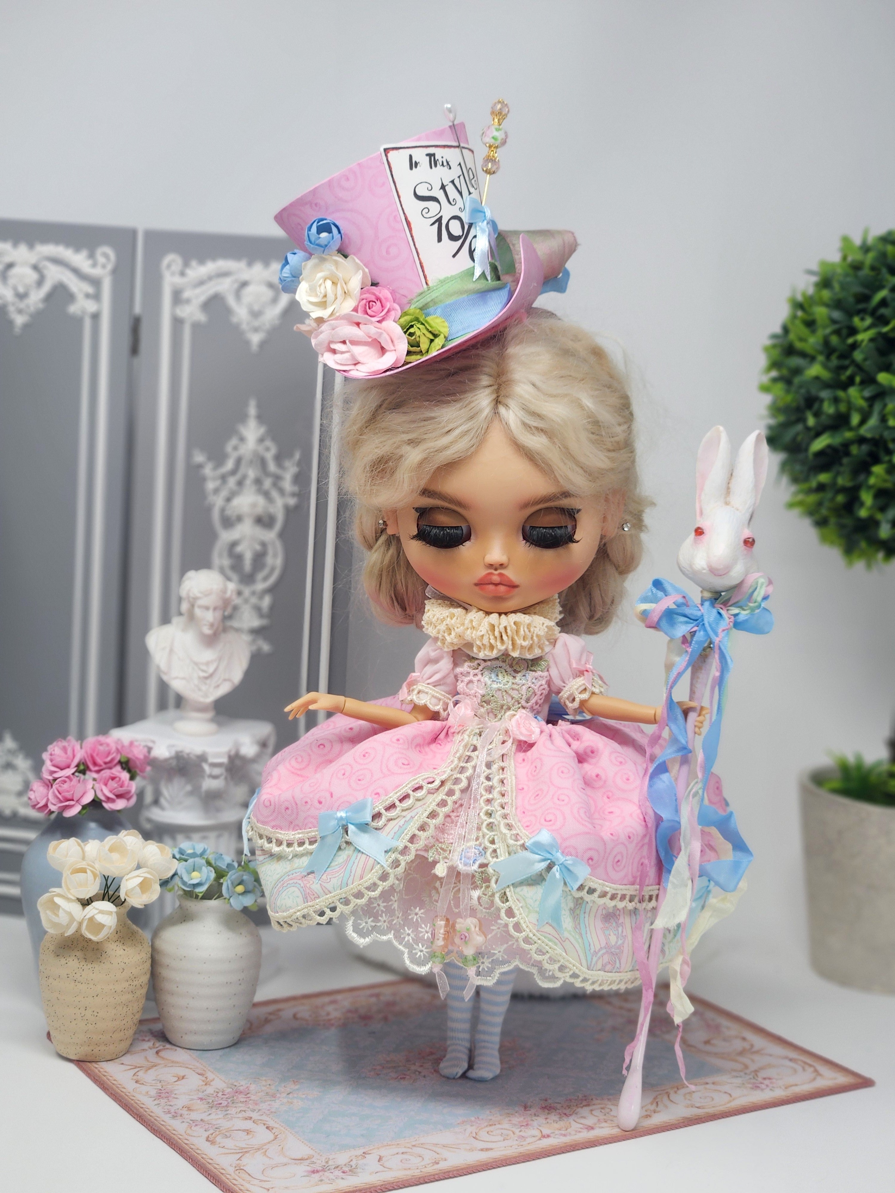 Blythe Doll Outfit: Alice in Wonderland, 8-Pc Ensemble, Victorian Whimsical Fashion, Top Hat, White Rabbit Staff