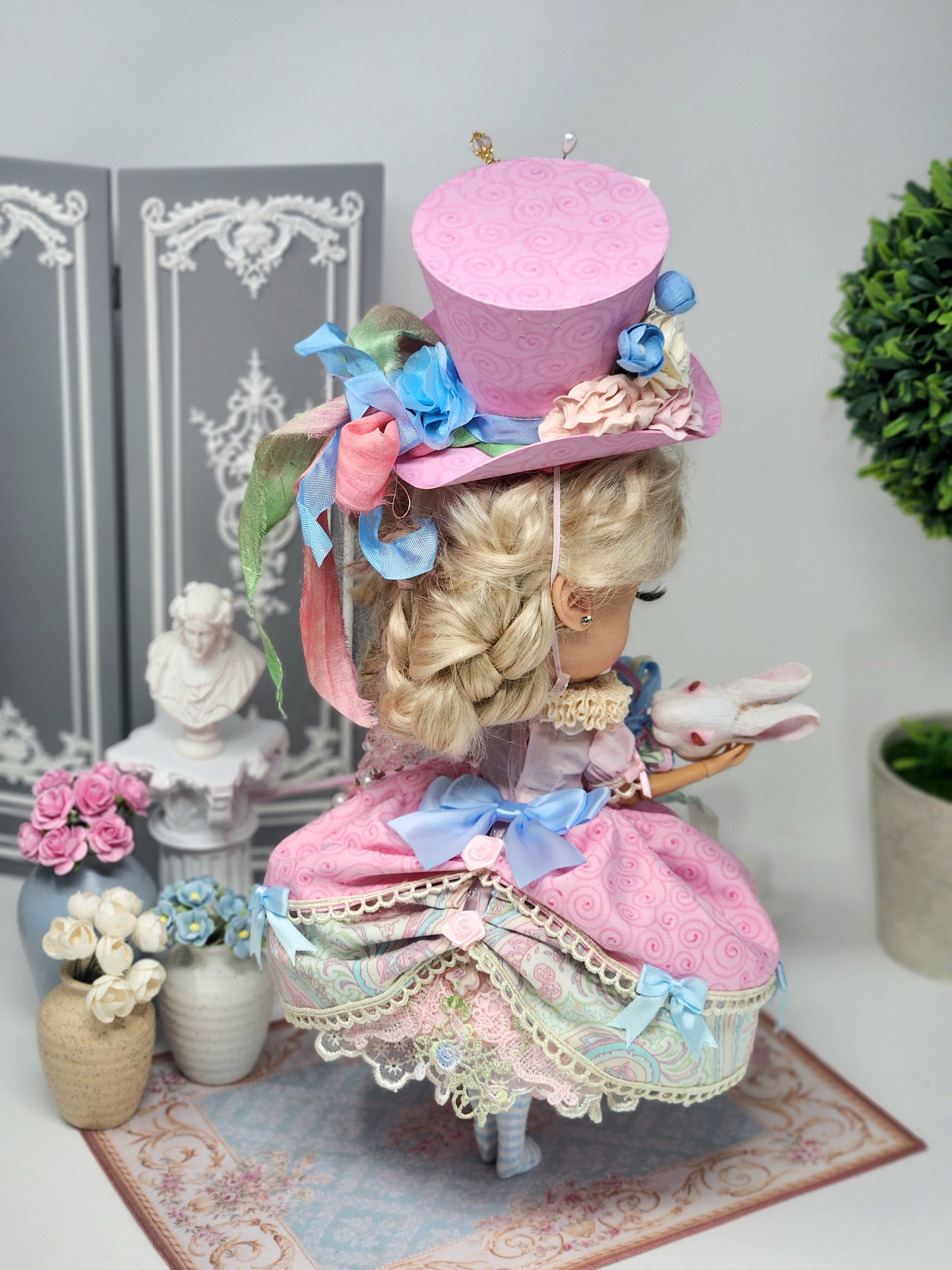 Blythe Doll Outfit: Alice in Wonderland, 8-Pc Ensemble, Victorian Whimsical Fashion, Top Hat, White Rabbit Staff
