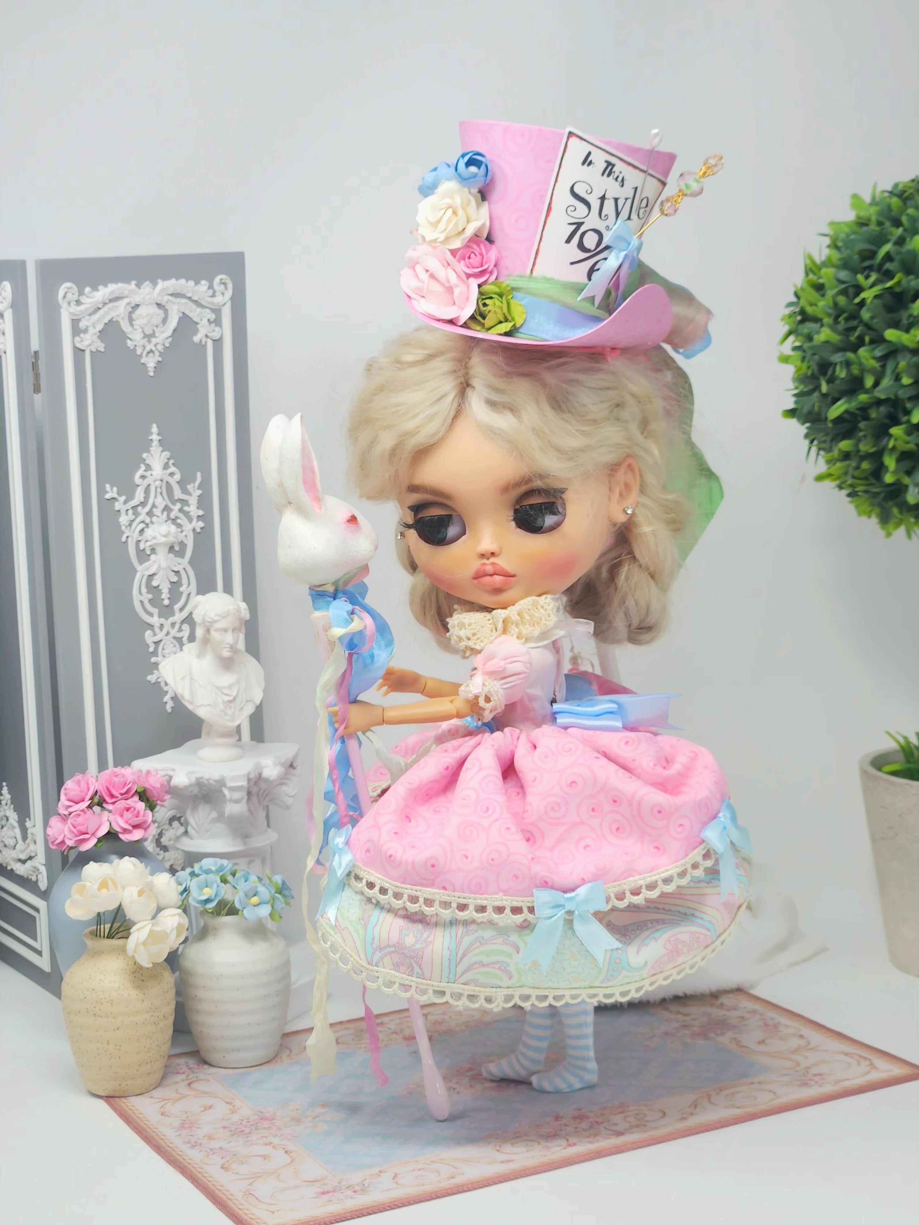 Blythe Doll Outfit: Alice in Wonderland, 8-Pc Ensemble, Victorian Whimsical Fashion, Top Hat, White Rabbit Staff
