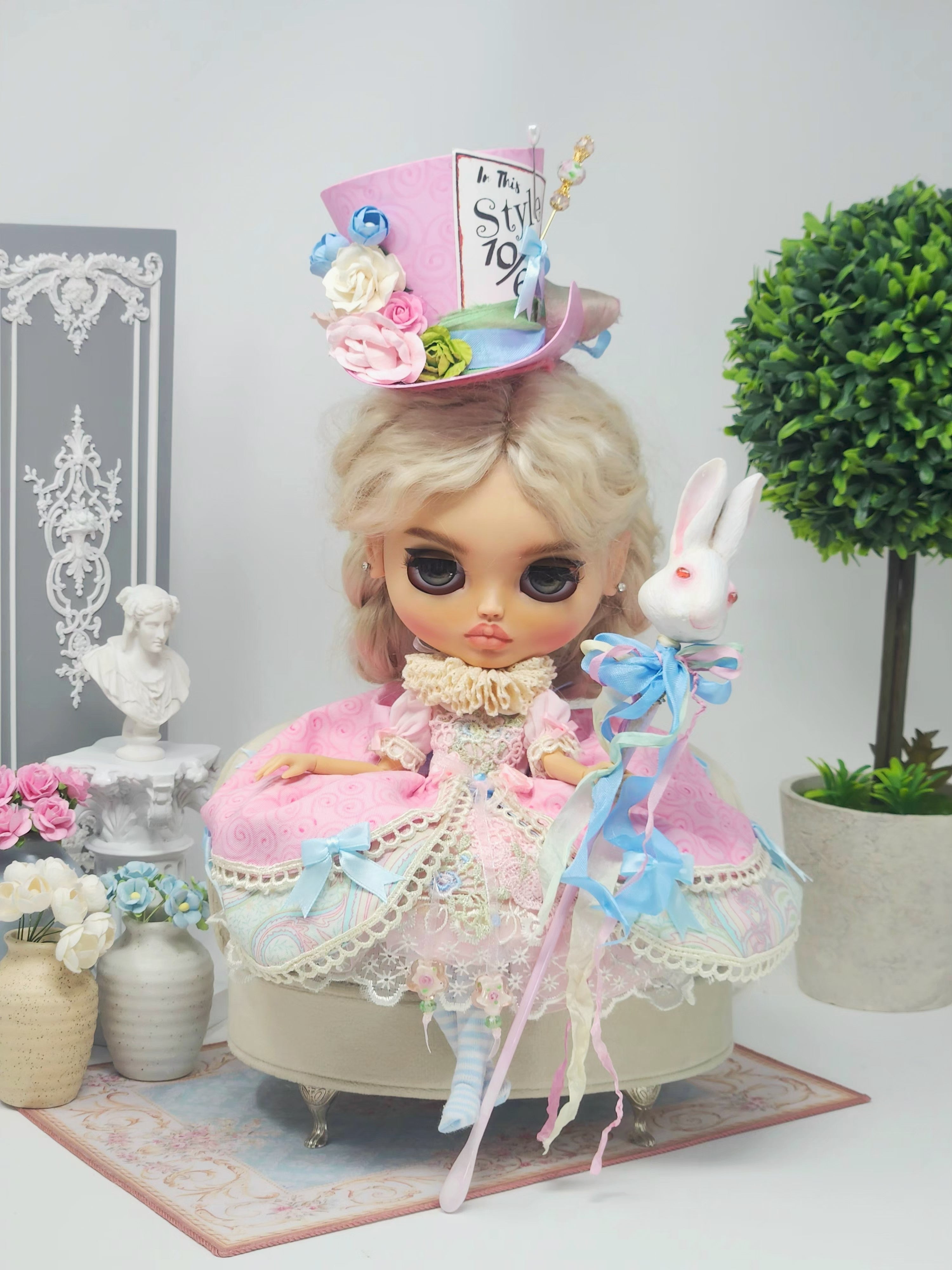 Blythe Doll Outfit: Alice in Wonderland, 8-Pc Ensemble, Victorian Whimsical Fashion, Top Hat, White Rabbit Staff
