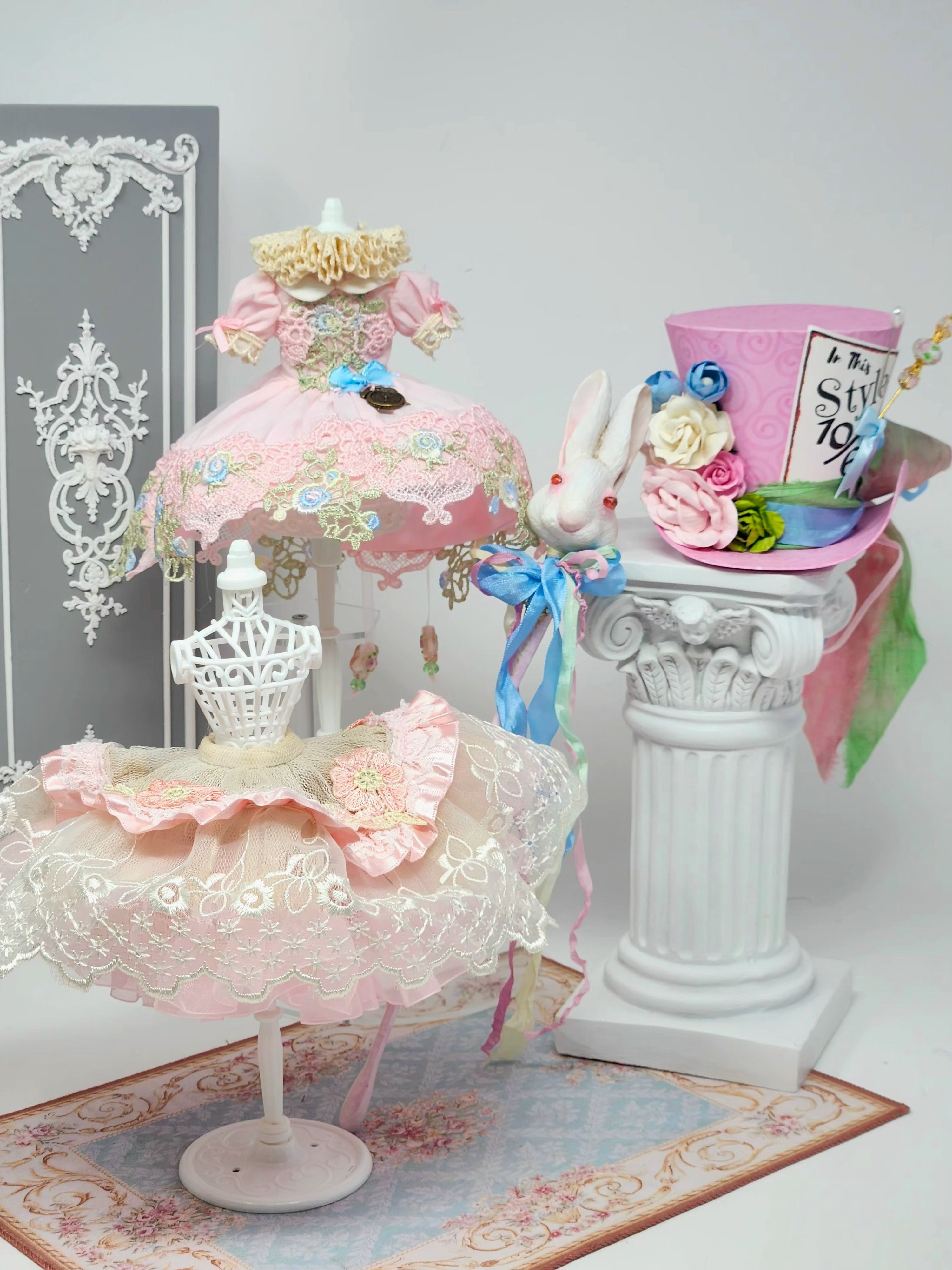 Blythe Doll Outfit: Alice in Wonderland, 8-Pc Ensemble, Victorian Whimsical Fashion, Top Hat, White Rabbit Staff