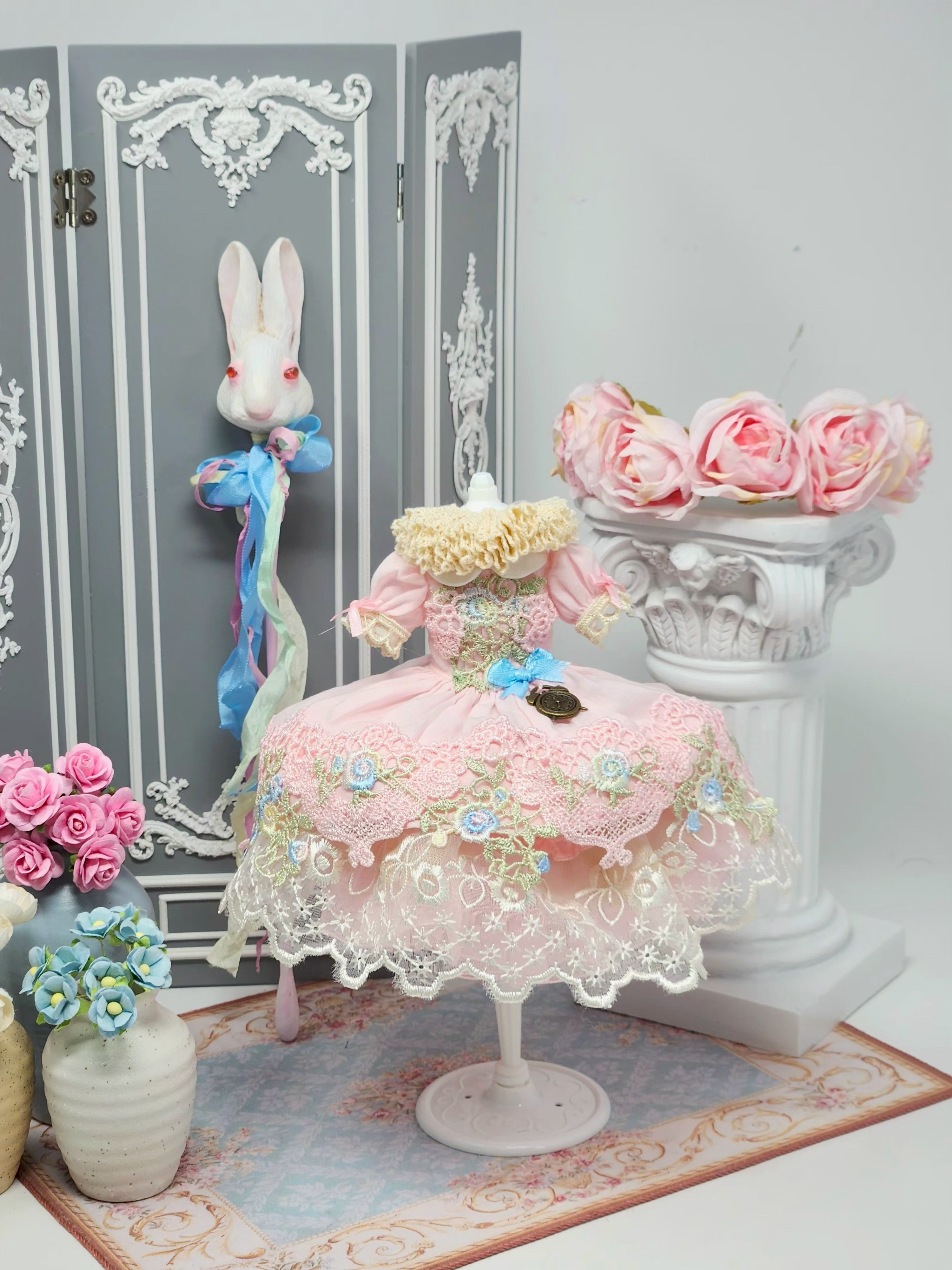 Blythe Doll Outfit: Alice in Wonderland, 8-Pc Ensemble, Victorian Whimsical Fashion, Top Hat, White Rabbit Staff