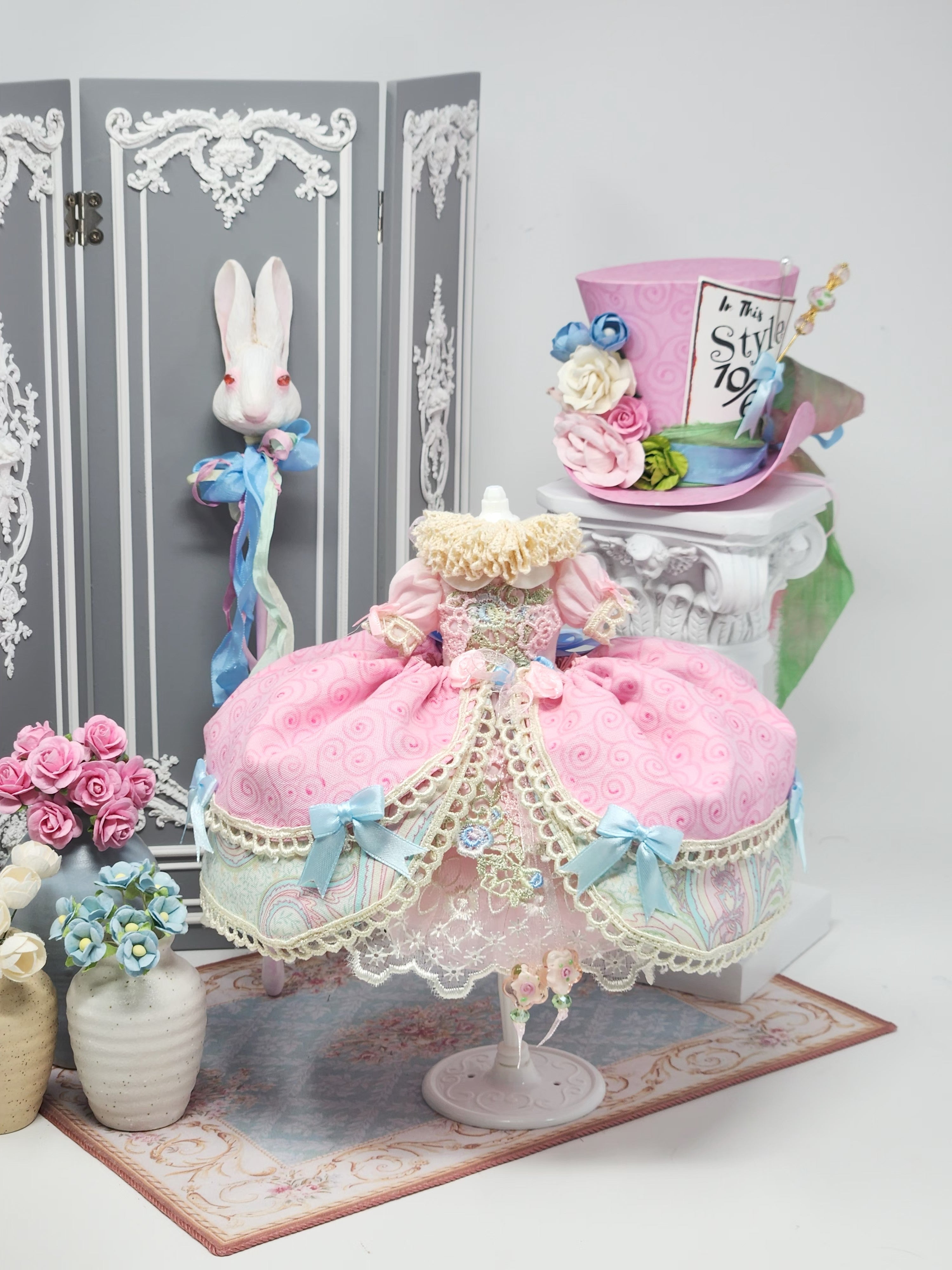 Blythe Doll Outfit: Alice in Wonderland, 8-Pc Ensemble, Victorian Whimsical Fashion, Top Hat, White Rabbit Staff