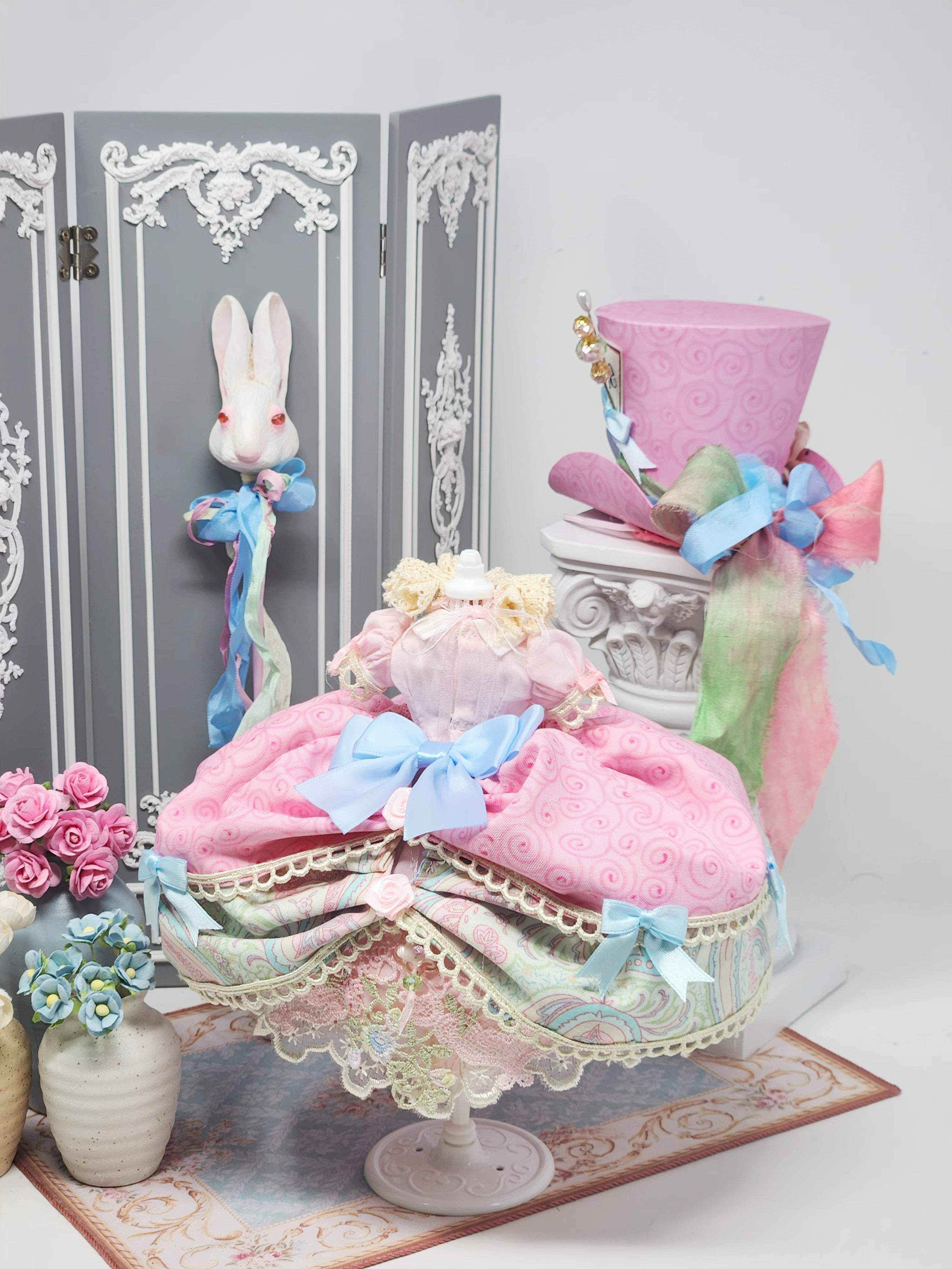 Blythe Doll Outfit: Alice in Wonderland, 8-Pc Ensemble, Victorian Whimsical Fashion, Top Hat, White Rabbit Staff