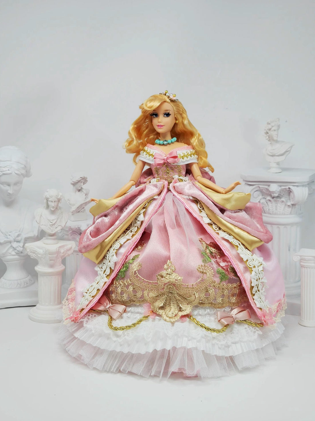 Cinderella Doll, Pink Gown, OOAK, 13-Piece Ensemble, Hoop Skirt, Rhinestones, Bespoke, Prince Charmin