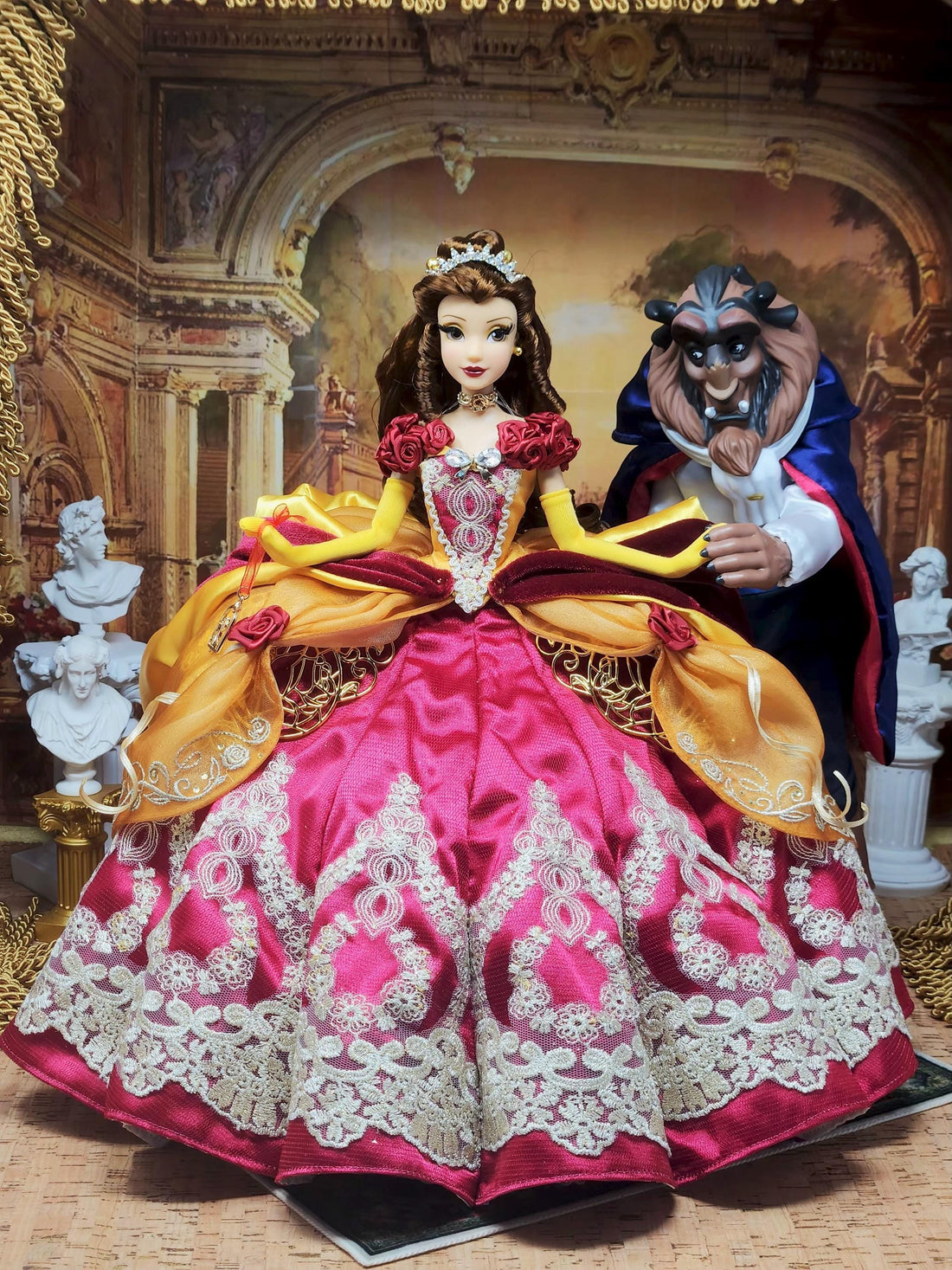 Belle Doll, OOAK, Beauty and the Beast, 17-Piece Ensemble, 12" Classic Princess, Ball Gown, Velvet, Bespoke