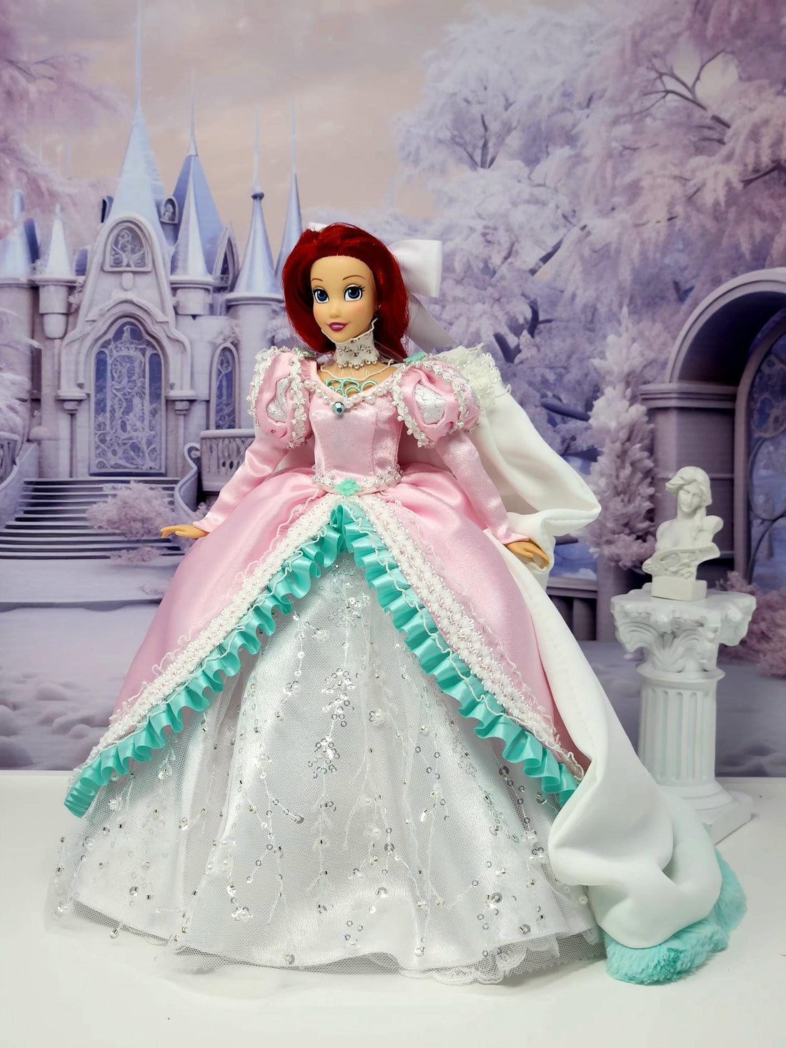 OOAK Ariel Doll: Winter Wonderland Gown, 18-Piece Ensemble