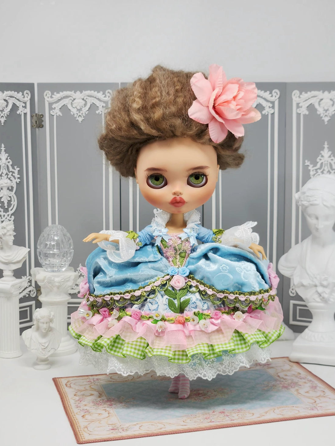 Blythe Dress, Marie Antoinette, Blythe Outfit, OOAK, 8-Piece Ensemble, Lilies of the Valley, Rococo, Bespoke, Top Hat, Venetian Mask