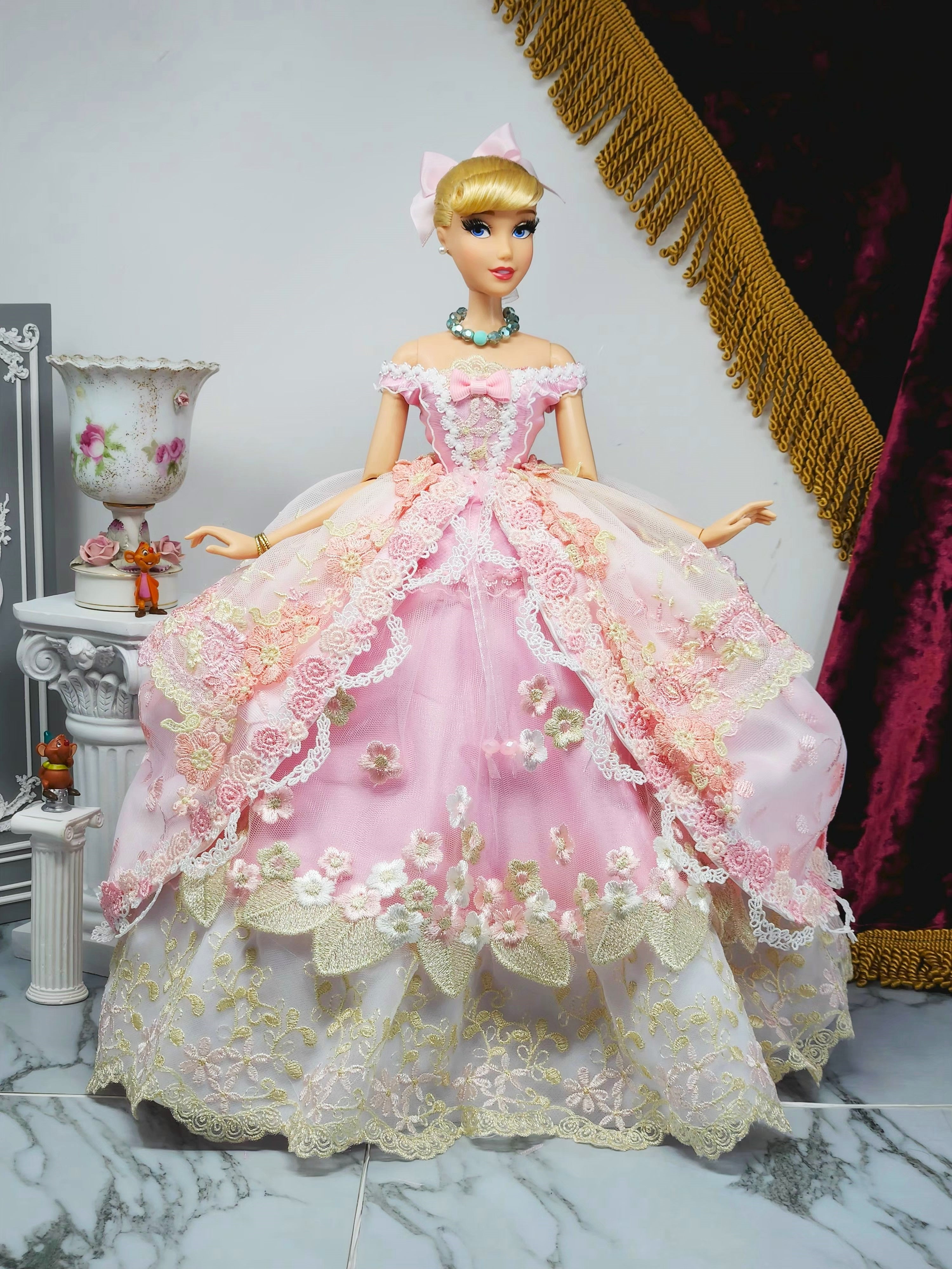 Cinderella Doll, OOAK, 17 in, Pink Gown, 15-Piece Ensemble, Rhinestones, Bespoke