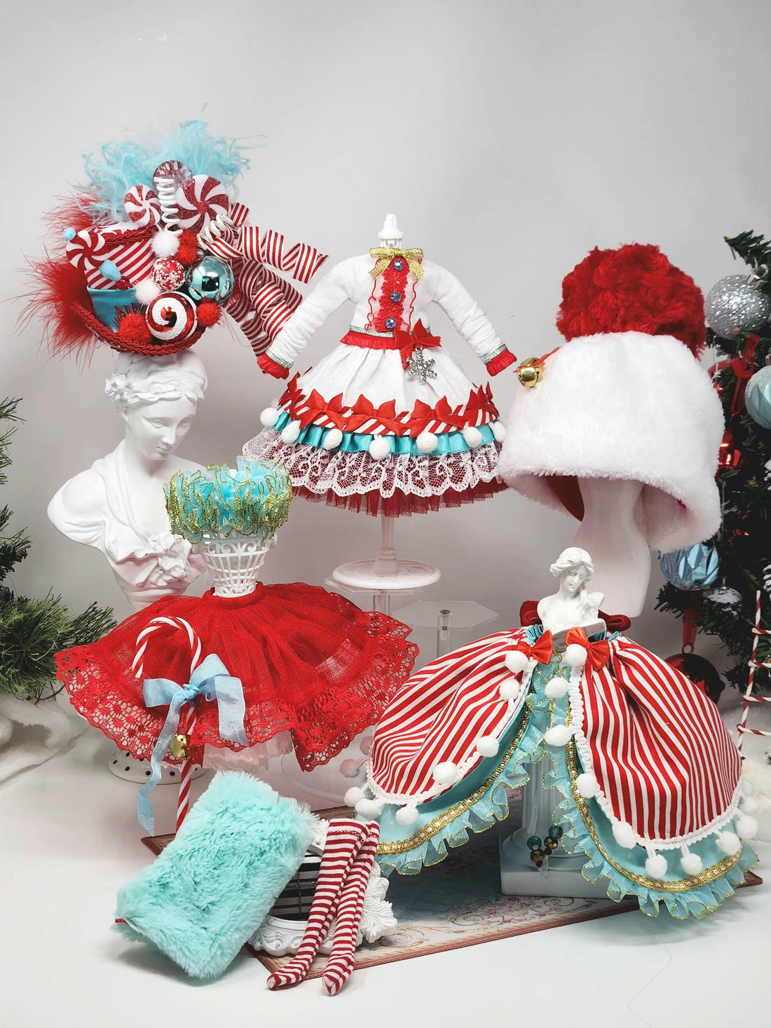 Blythe Dress, Candy Cane Outfit, OOAK, Whimsical, Blythe, 9-Piece Ensemble, French Fashion,  Christmas, Couture, Top Hat, Muff, Beanie