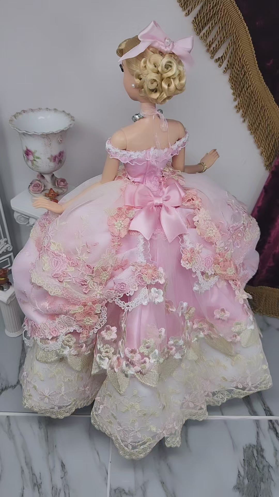 Cinderella Doll, OOAK, 17 in, Pink Gown, 15-Piece Ensemble, Rhinestones, Bespoke